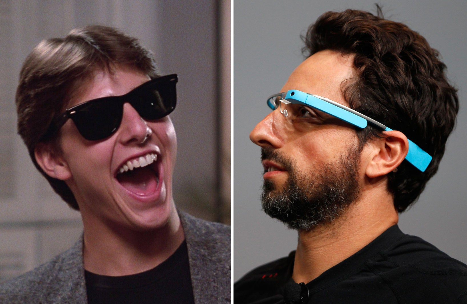 Dedicated Wayfarer Tom Cruise shows Google co-founder Sergey Brin how to get excited about eyewear.