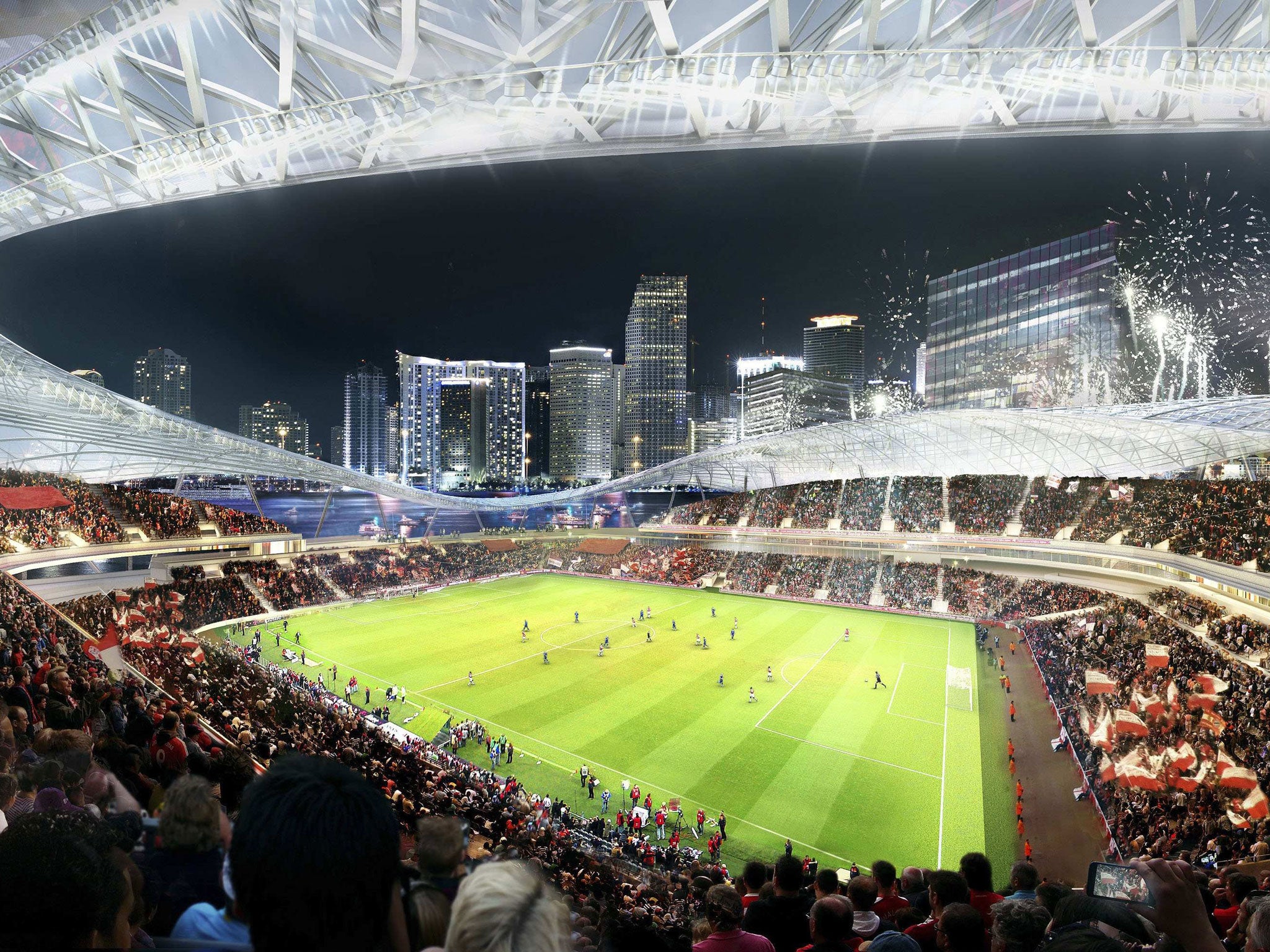 A proposed stadium for a Major League Soccer (MLS) team backed by retired English soccer star David Beckham of the group's preferred location for the arena seated in between Biscayne Bay and downtown Miami, Florida