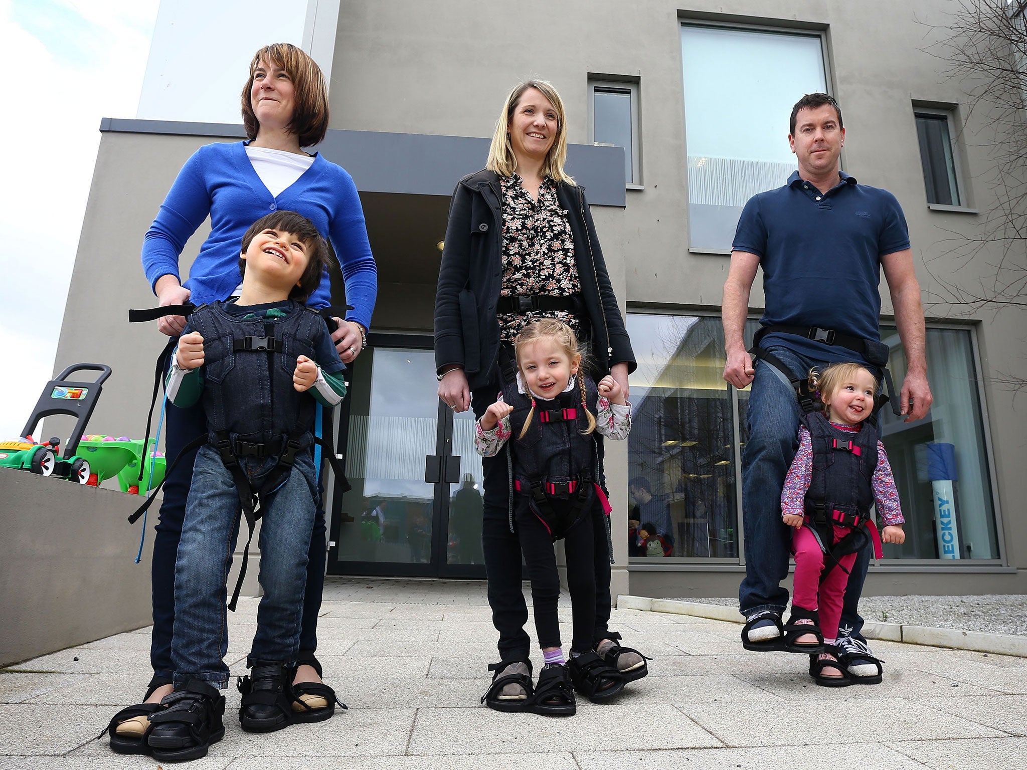 (Left - right) Claire and Daniel Smyth, Louise and Bethany Watson and Cameron and Charlotte Taylor using a Firefly Upsee