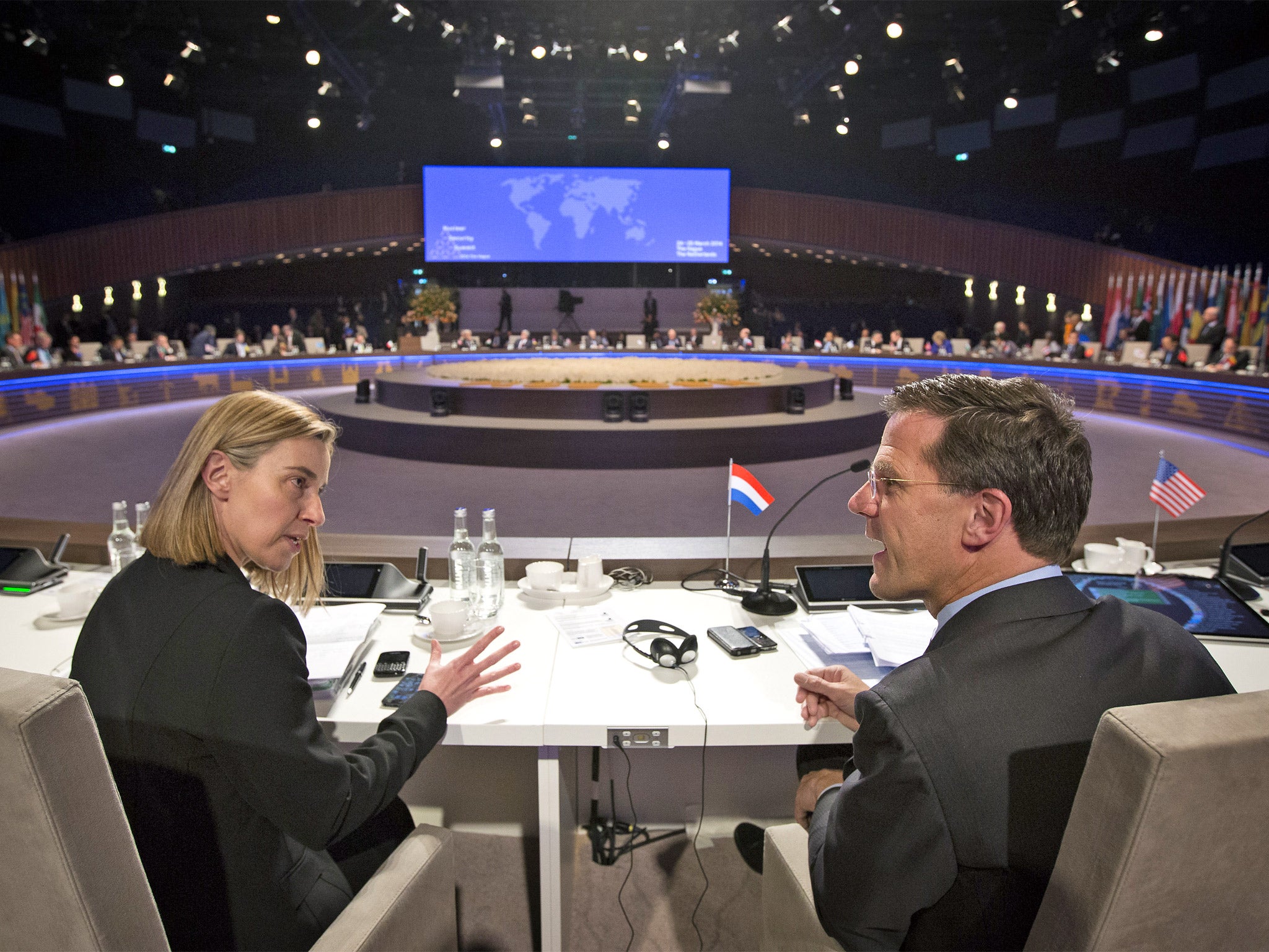 Federica Mogherini, Italian minister of Foreign Affairs talks with Mark Rutte, Prime Minister of the Netherlands at the 2014 Nuclear Security Summit