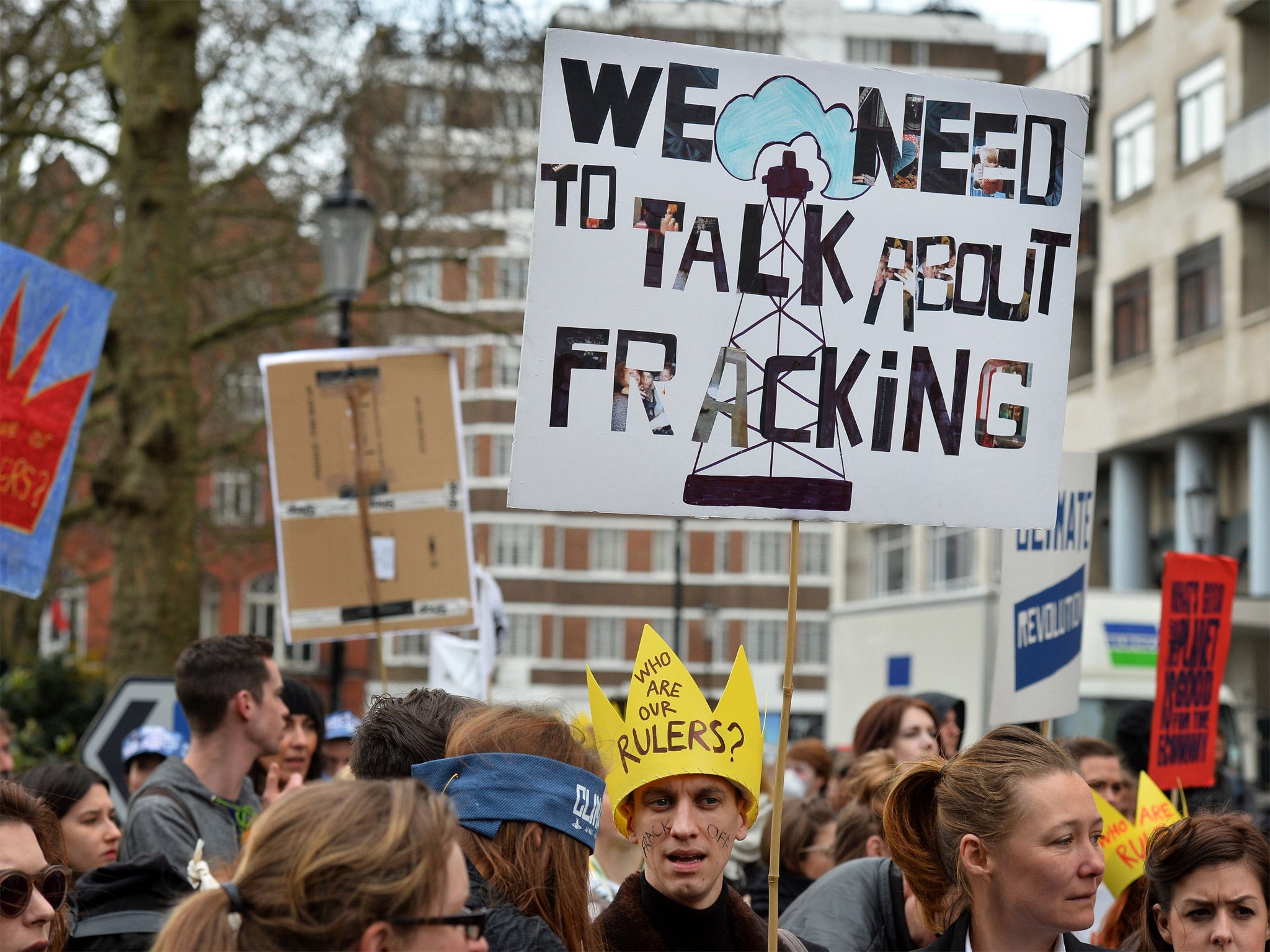 Demonstrators carry placards as they gather for an anti-fracking protest in London last week