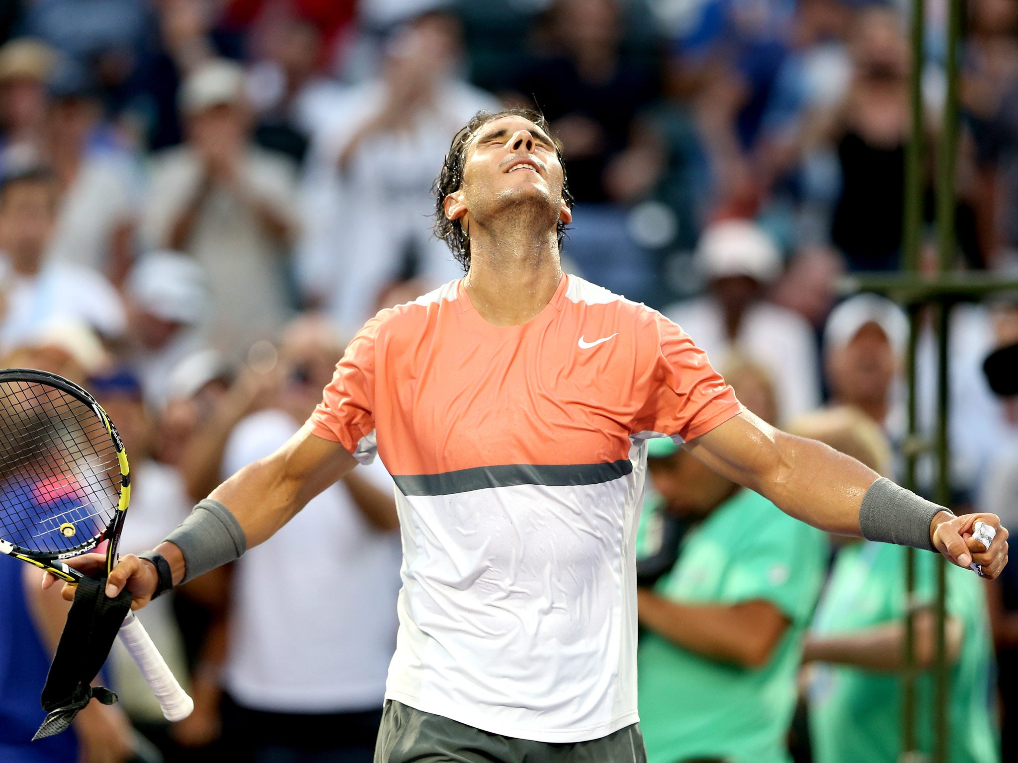 Rafael Nadal of Spain celebrates celebrates his win over Denis Istomin of Uzebekistan during the Sony Open at the Crandon Park Tennis Center
