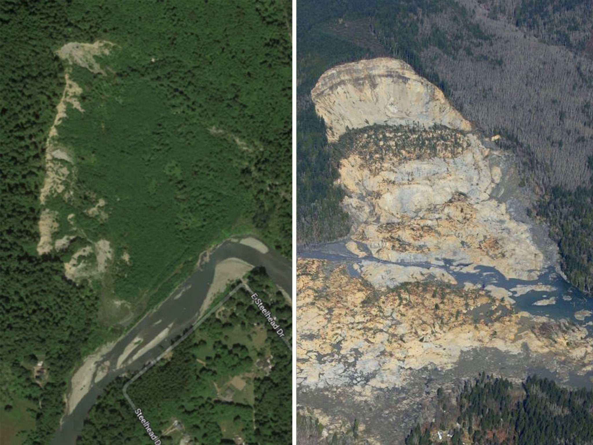 Incredible before and after pictures showing the devastation of the landslide in Washington state