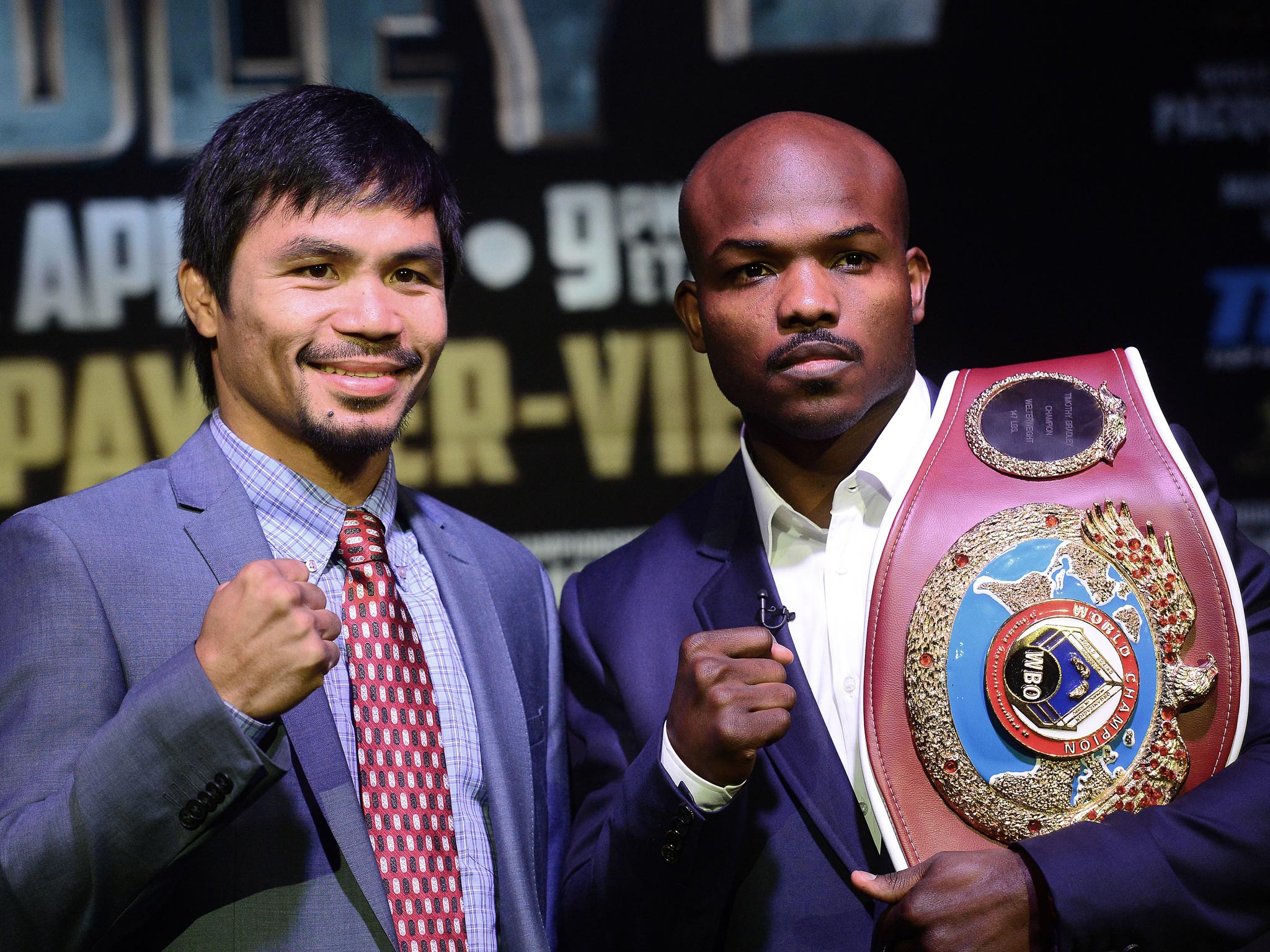 Manny Pacquiao (left) and US boxer Timothy Bradley Jr back in February