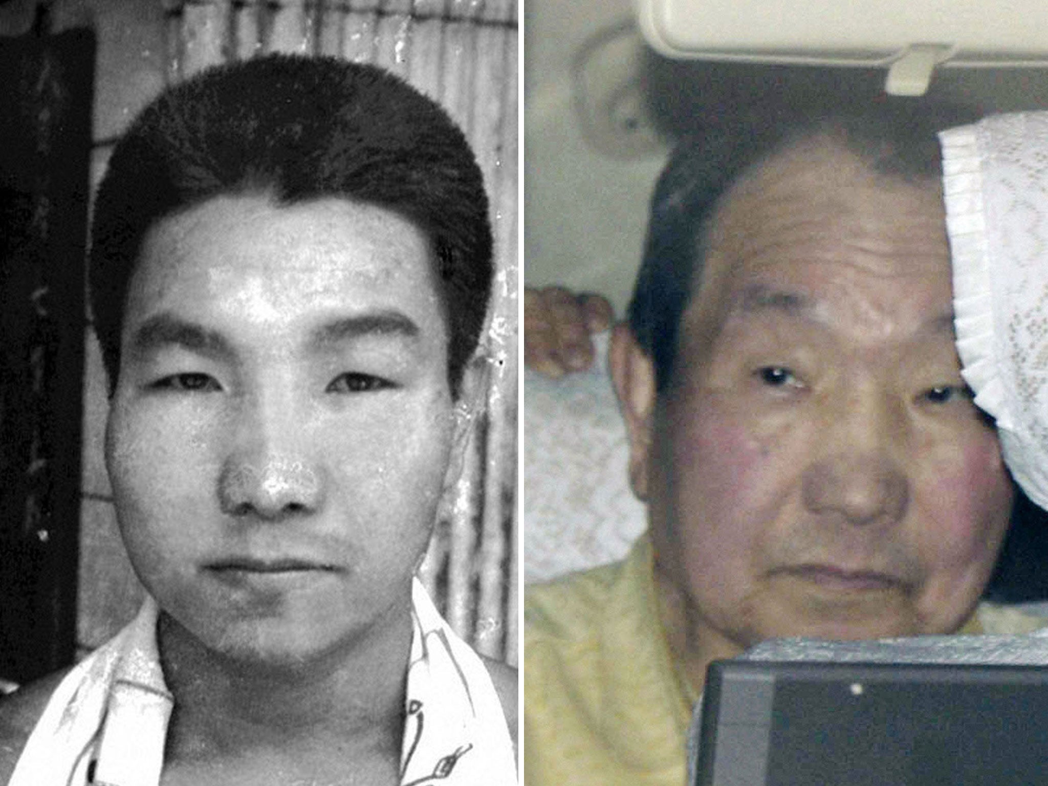 Iwao Hakamada before he was imprisoned in 1966 and now, aged 78 just after his release from death row