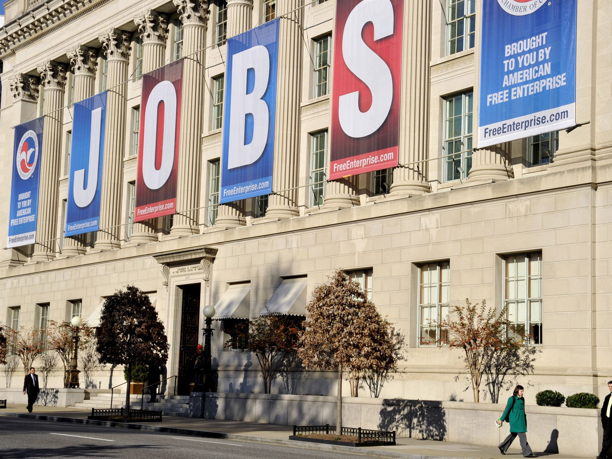A jobs sign hangs above the entrance to the US Chamber of Commerce building in Washington, DC
