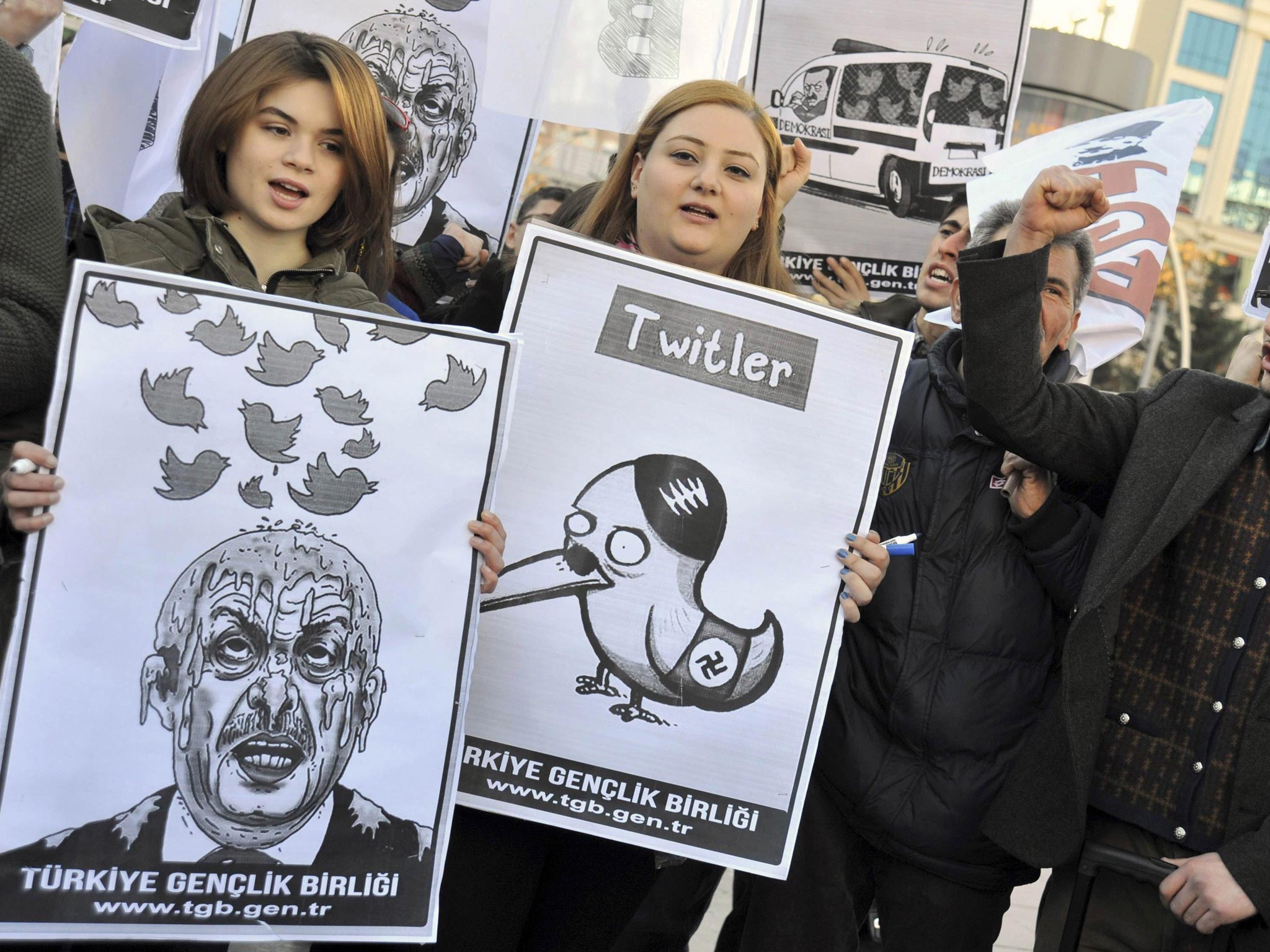 Members of the Turkish Youth Union staged a protest in Ankara last week against an attempted ban on Twitter imposed by Prime
Minister Tayyip Erdogan, who vowed to ‘wipe out’ the social media website. He then turned his attention to YouTube