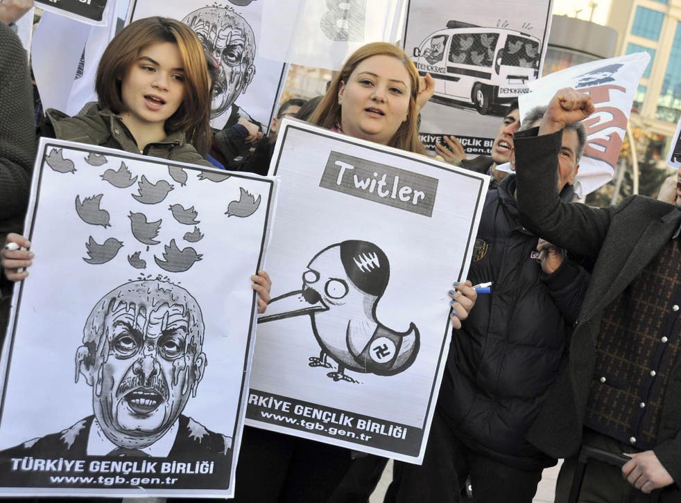 Members of the Turkish Youth Union staged a protest in Ankara last week against an attempted ban on Twitter imposed by Prime
Minister Tayyip Erdogan, who vowed to ‘wipe out’ the social media website. He then turned his attention to YouTube