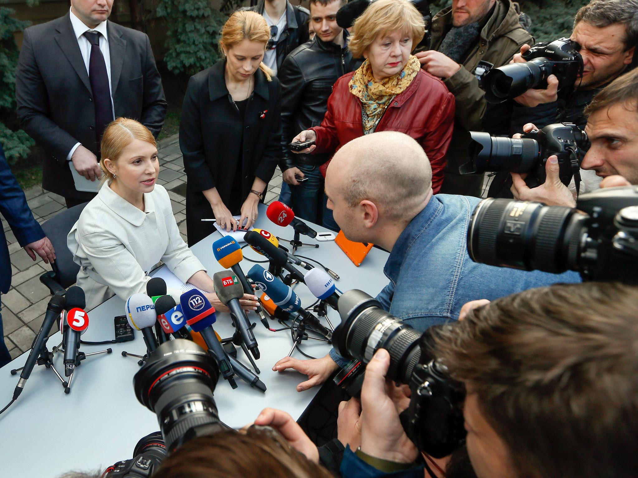 Yulia Tymoshenko (seated) at a press conference in Kiev yesterday, when she confirmed that she will run for president in Ukraine’s elections on 25 May