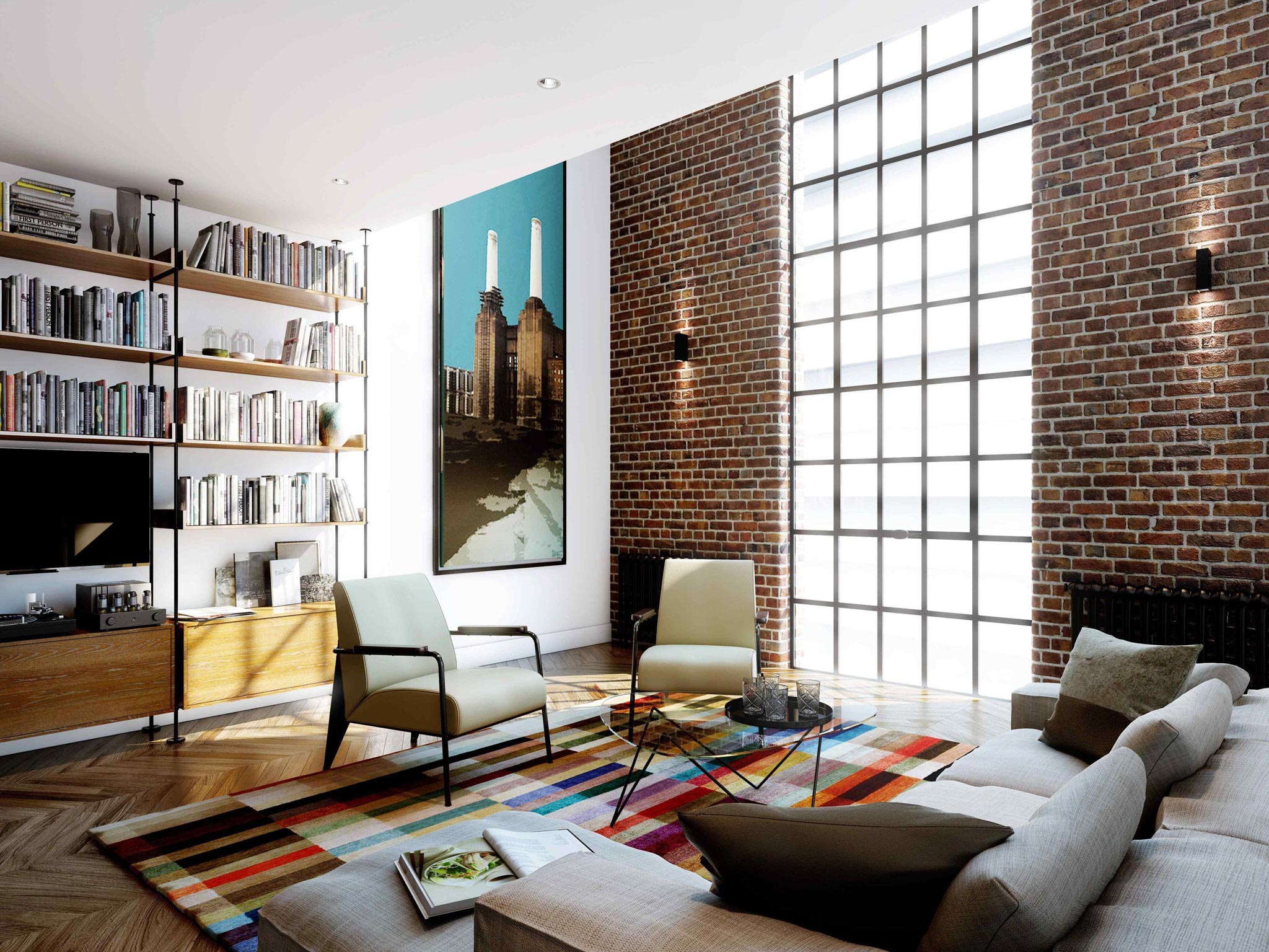 An artist's impression of an apartment living room at the Battersea Power Station