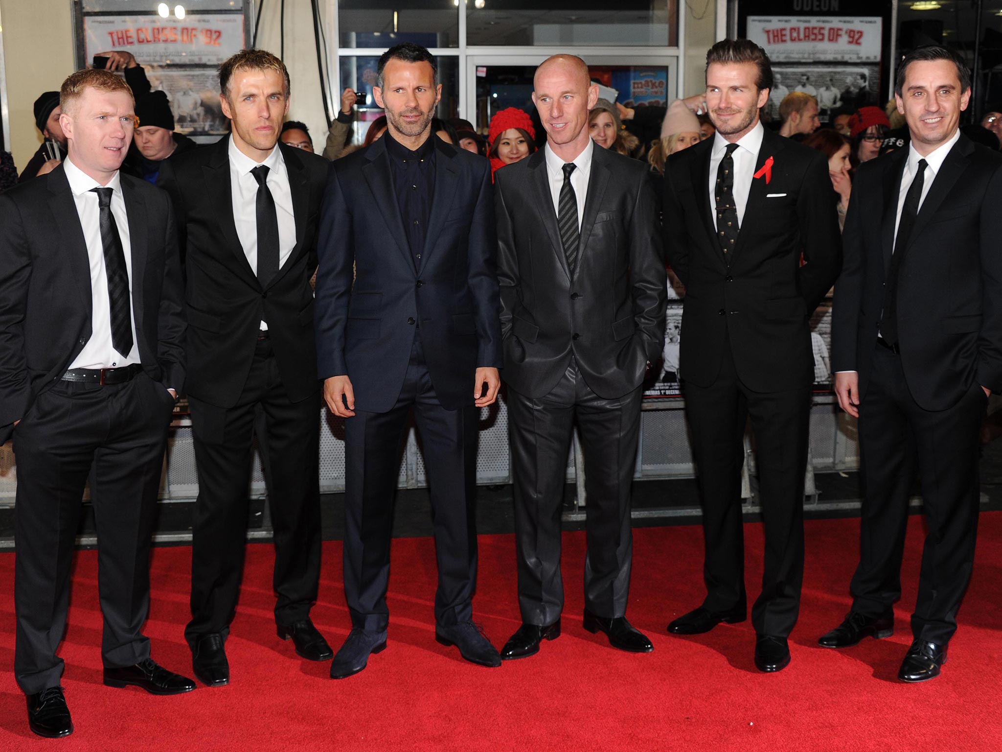 (L-R) Paul Scholes, Phil Neville, Ryan Giggs, Nicky Butt, David Beckham and Gary Neville