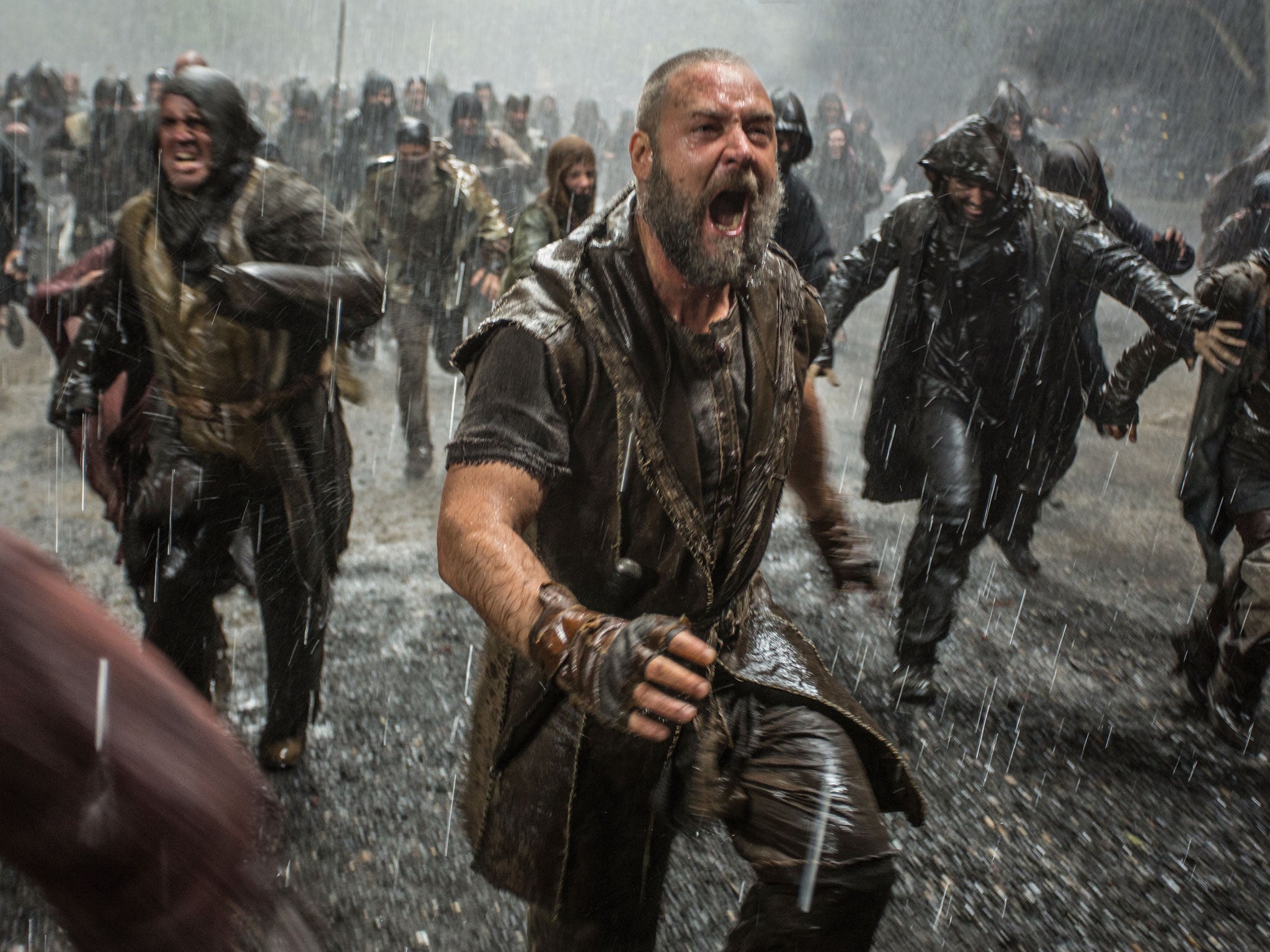 Russell Crowe in a dramatic storm scene in Darren Aronofsky's Noah