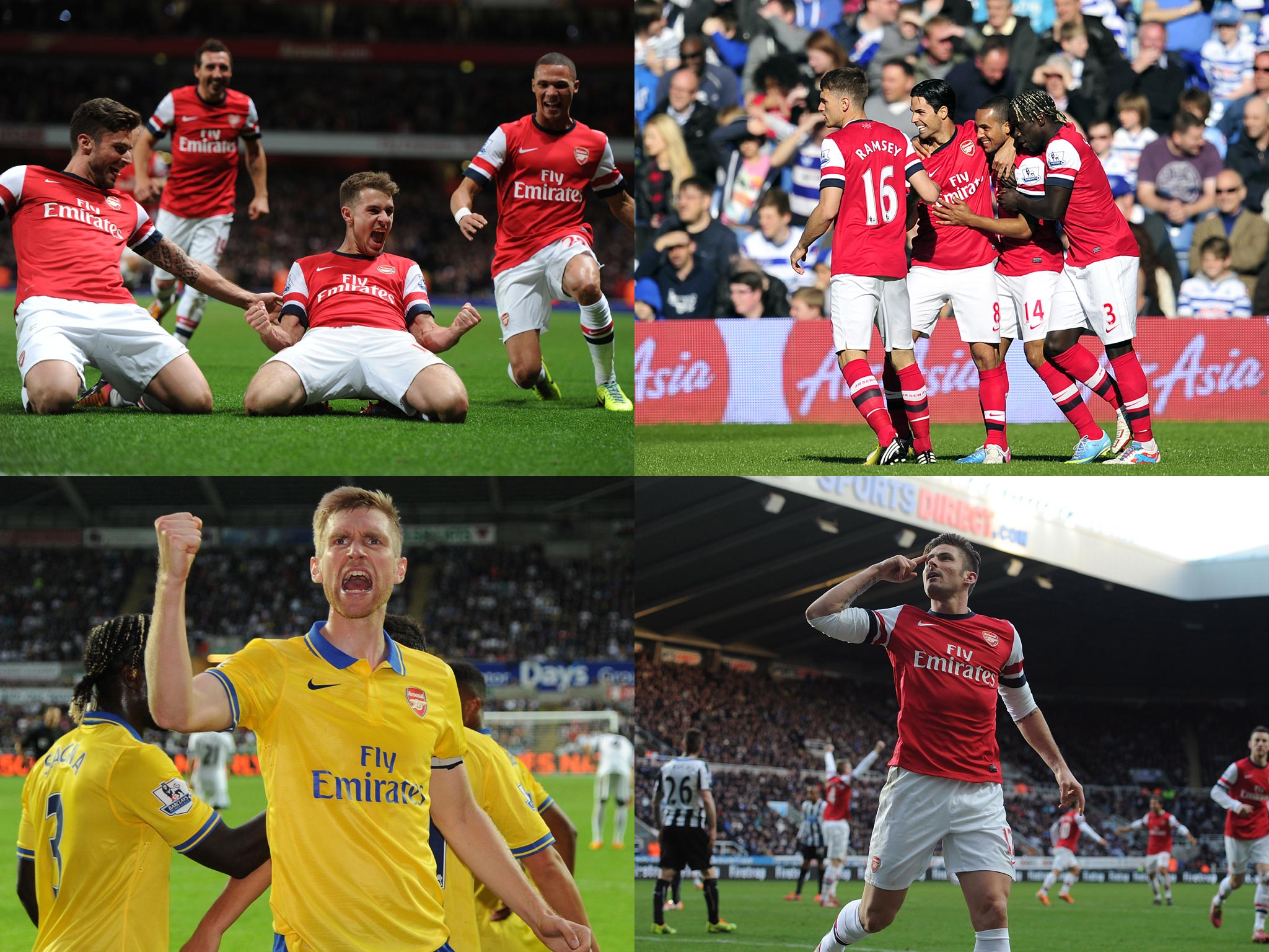 Aaron Ramsey scores in the 2-0 win over Liverpool on November 2 2013, Per Mertesacker celebrates the victory against Swansea on September 28 2013, Theo Walcott scores against QPR on May 4 2013 and Olivier Giroud salutes the away crowd after scoring agains