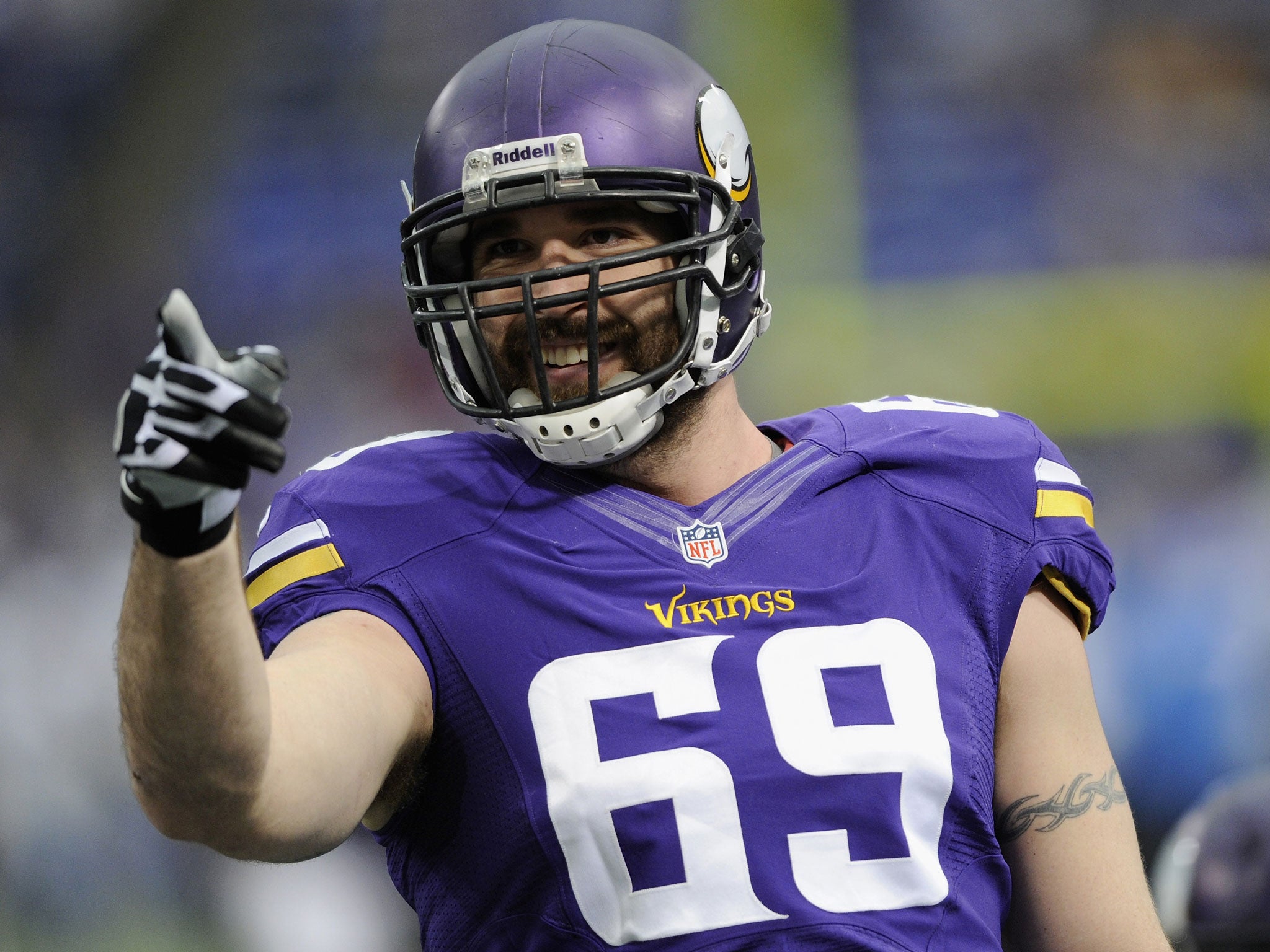 Jared Allen #69 of the Minnesota Vikings looks on before the game against the Detroit Lions on December 29, 2013