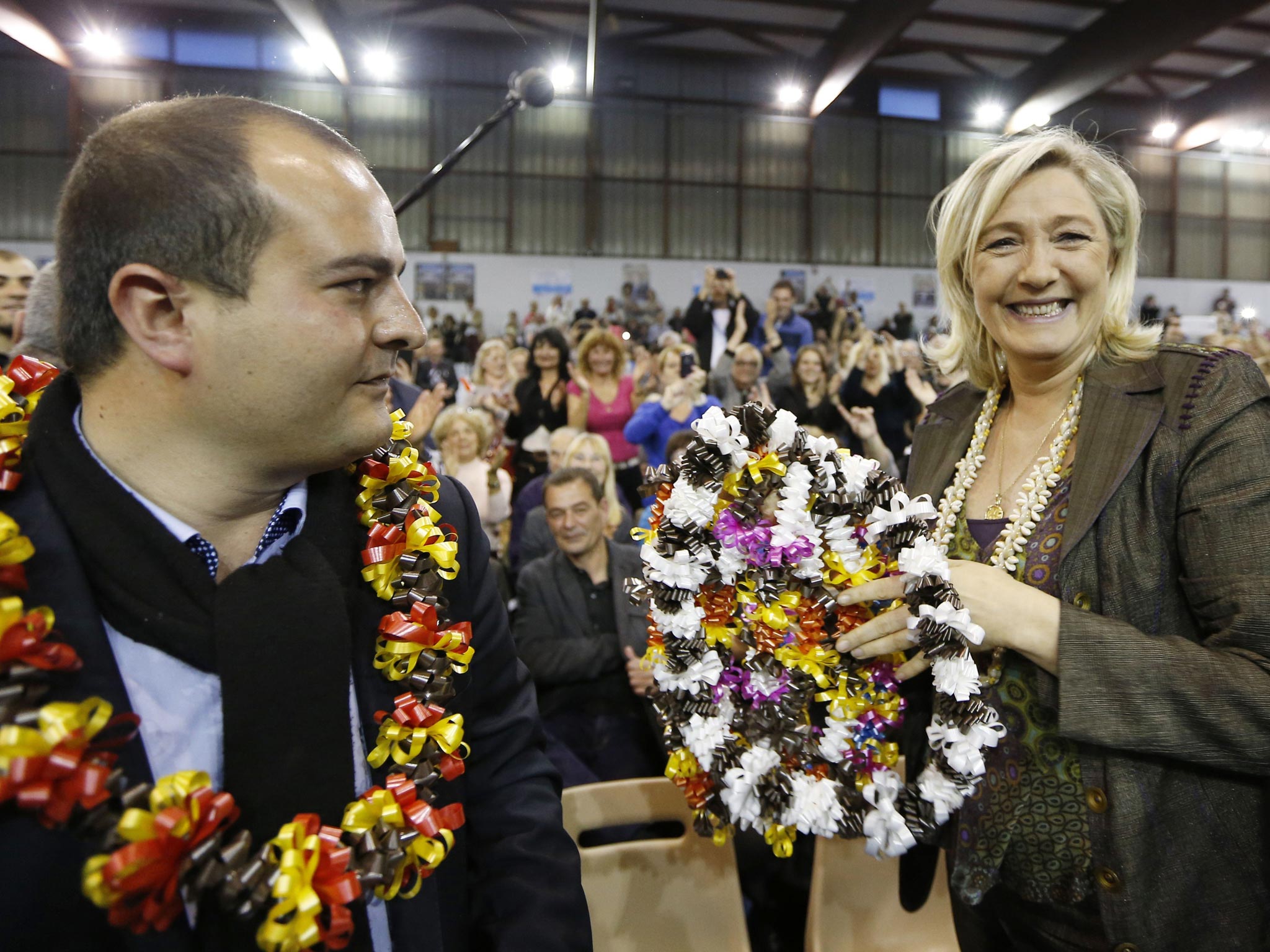 The National Front president Marine Le Pen and David Rachline, the party’s candidate for tomorrow’s mayoral elections in Fréjus, at a campaign meeting earlier this month