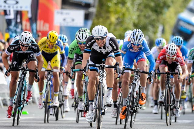Luka Mezgec pulls clear of the pack in Valls yesterday to win his third sprint finish of the Tour of Catalonia