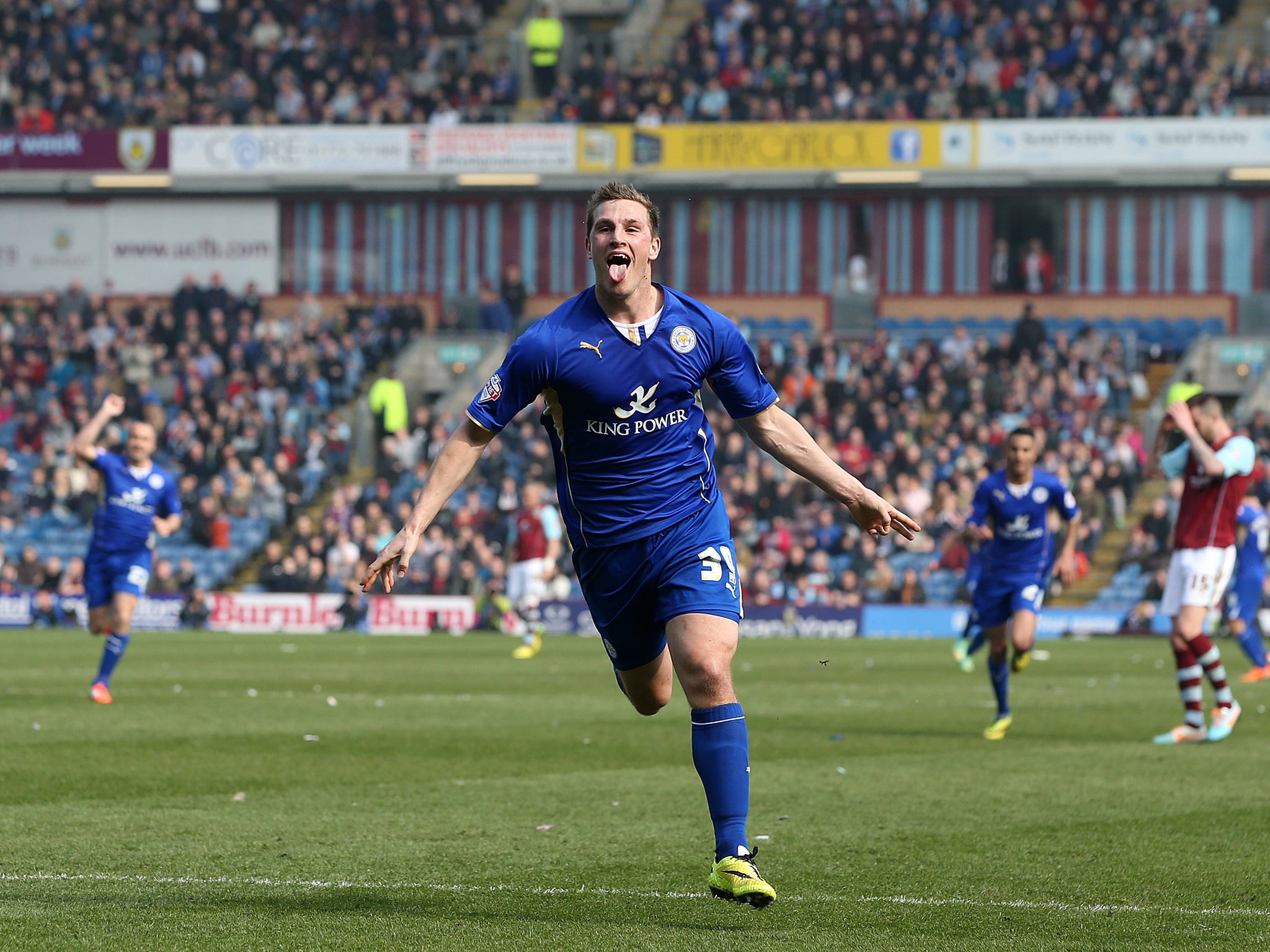 Chris Wood celebrates scoring Leicester's second in the 2-0 win over Championship rivals Burnley