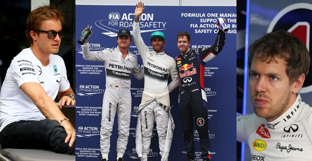 Nico Rosberg (right), winner of the Australian Grand Prix, qualified third with Sebastian Vettel (left) starting second and Lewis Hamilton (centre) starting the Malaysian Grand Prix on pole