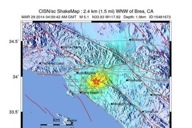 A shake map released by the US Geological Survey (USGS) shows the location and intensity of a 5.1 Richter scale earthquake in California