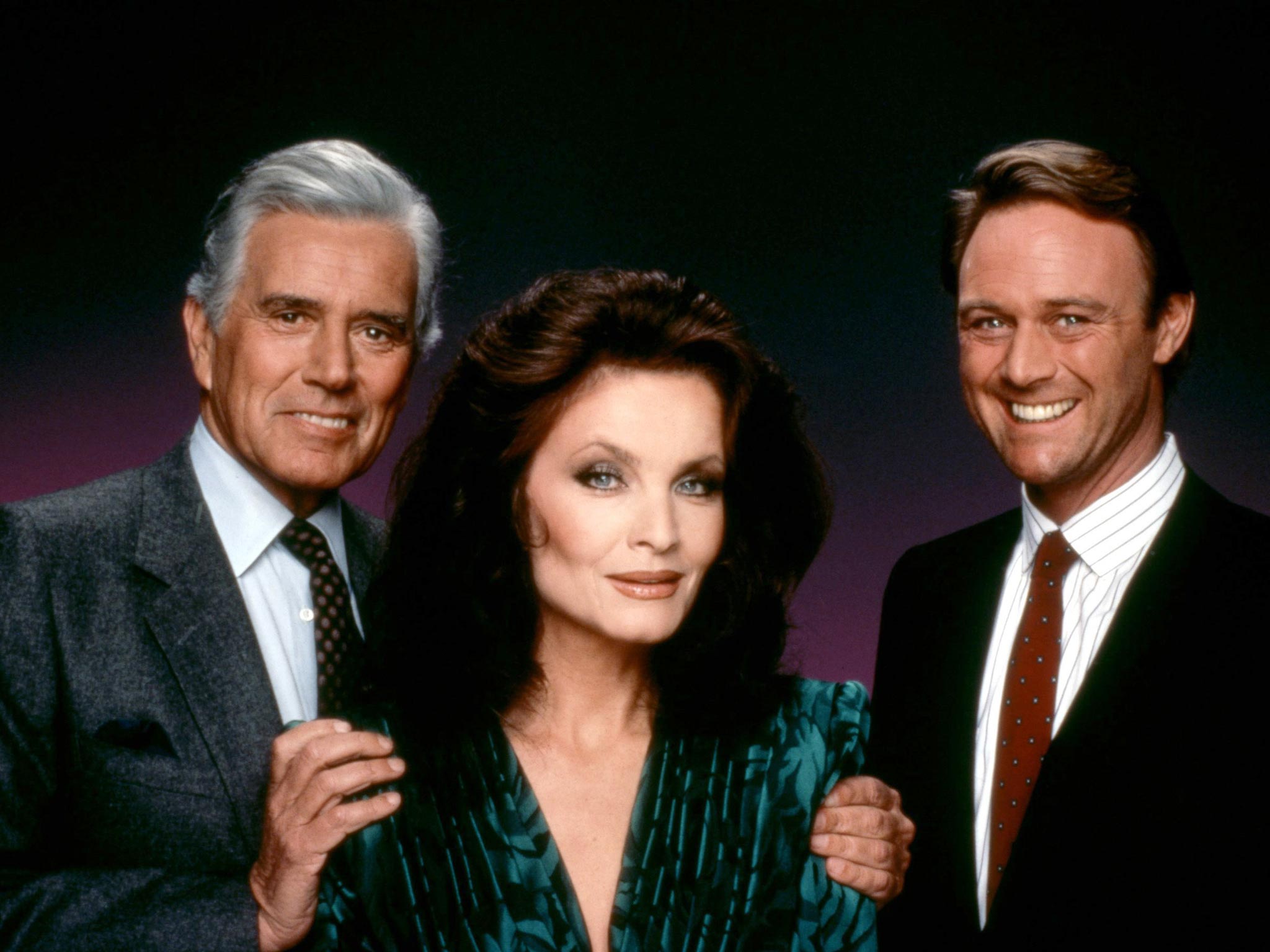 Kate O'Mara with her Dynasty co-stars John Forsythe and Christopher Cazenove in 1989
