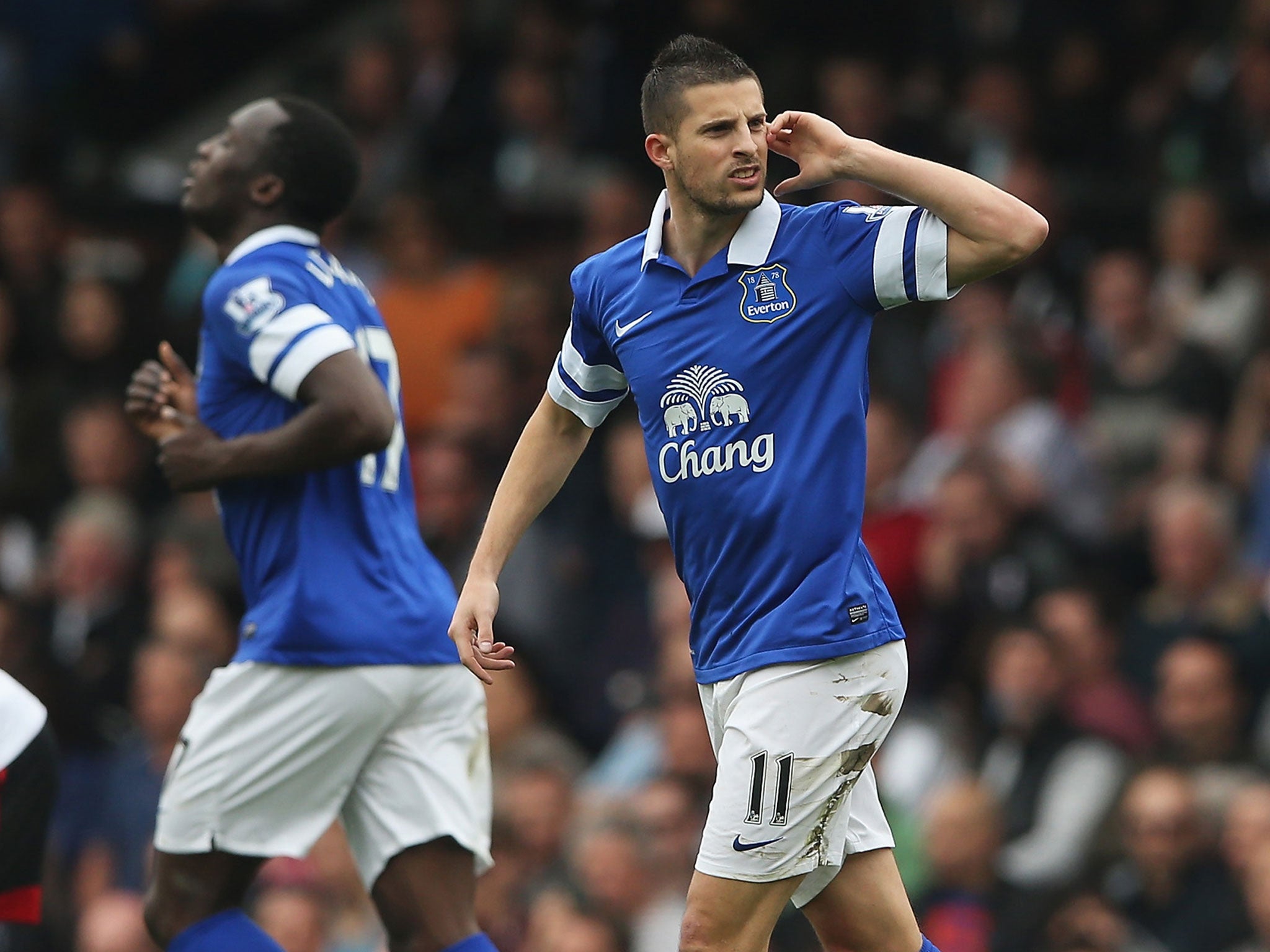 Kevin Mirallas (right) celebrates Everton's second goal