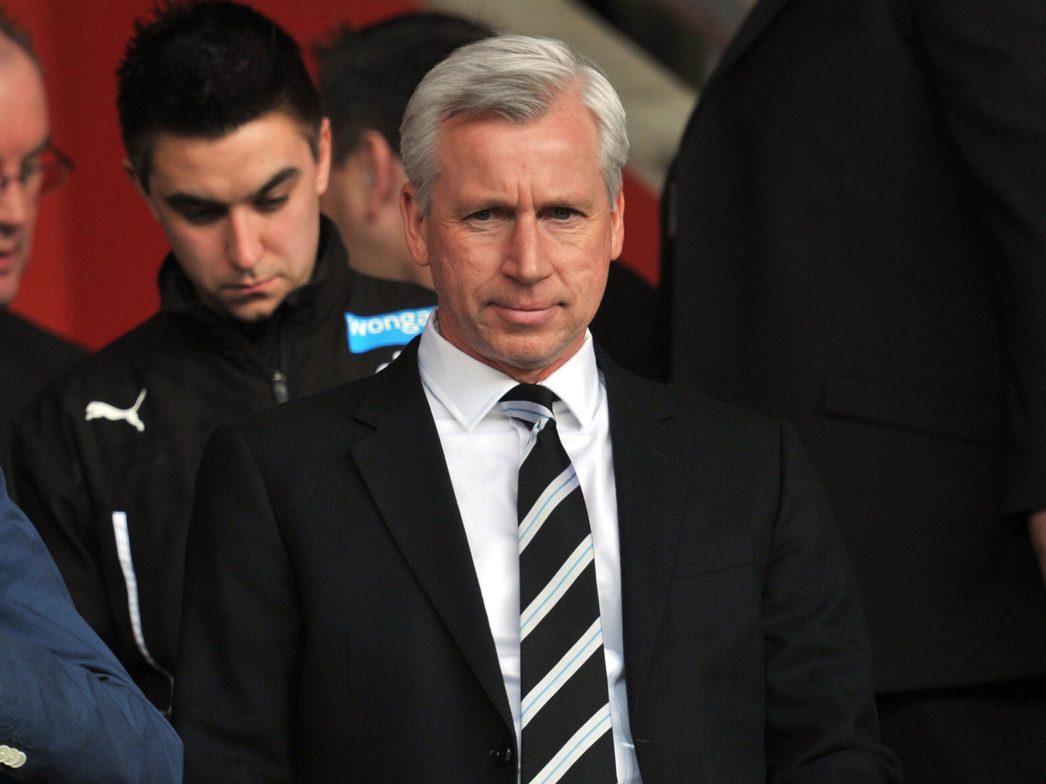 Alan Pardew takes his seat in the stands before Newcastle's 3-0 defeat at Southampton