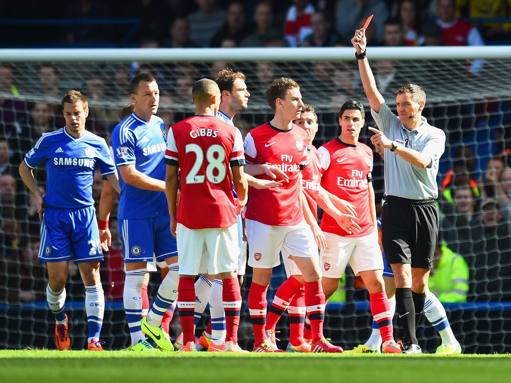 Andre Marriner sends off Arsenal’s Kieran Gibbs last week in a case of mistaken identity