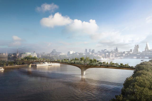 A digital rendering of the planned garden bridge across the River Thames in London.