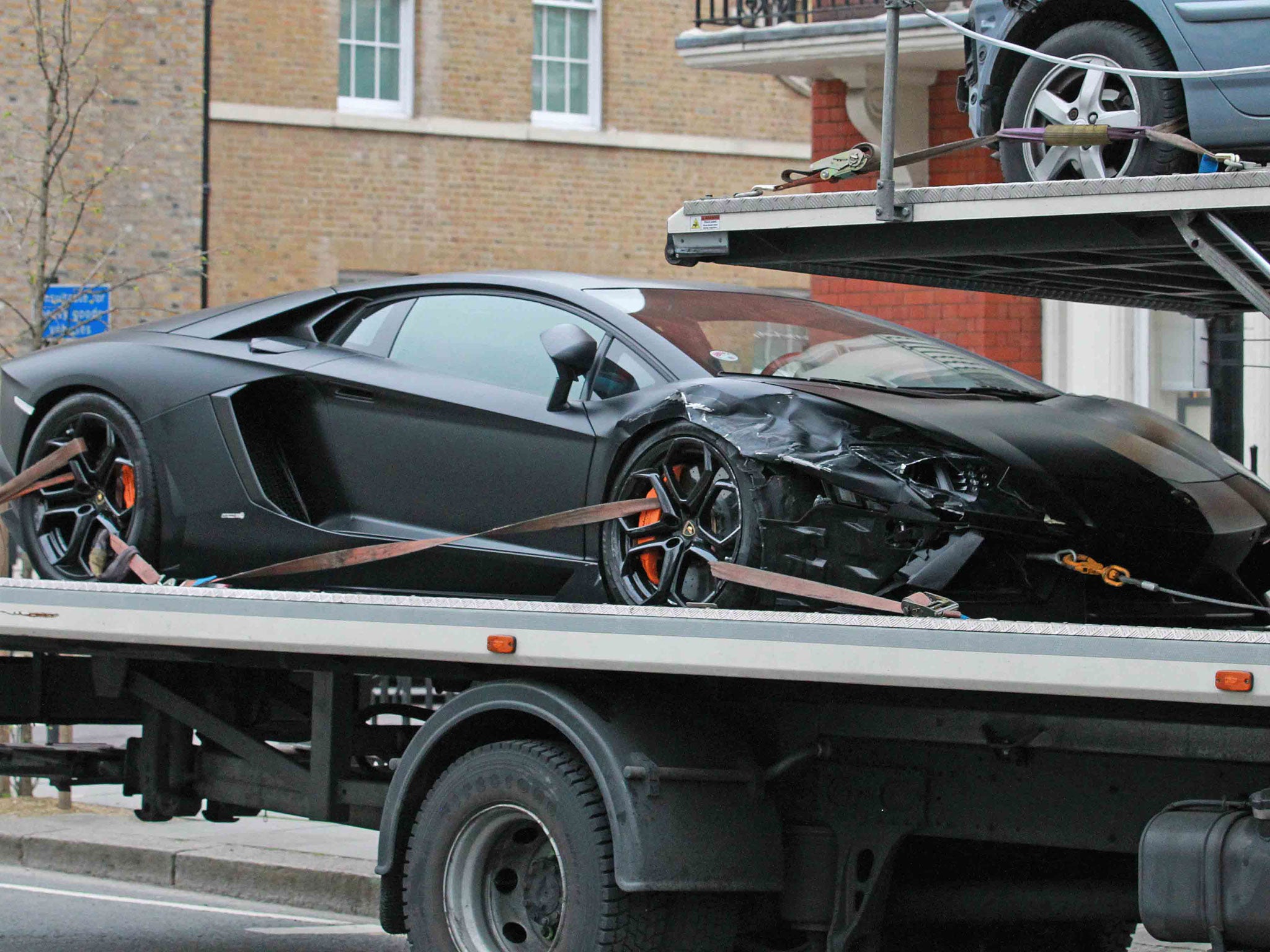 A Lamborghini Aventador that was crashed into in Kensington, London