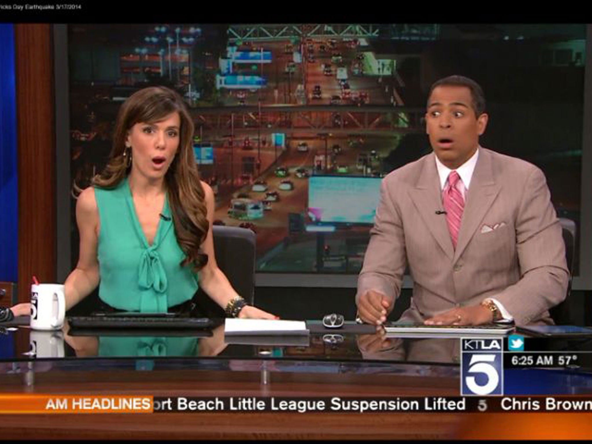 KTLA presenters broadcast while a 4.4 earthquake rumbles through Los Angeles on 17 March