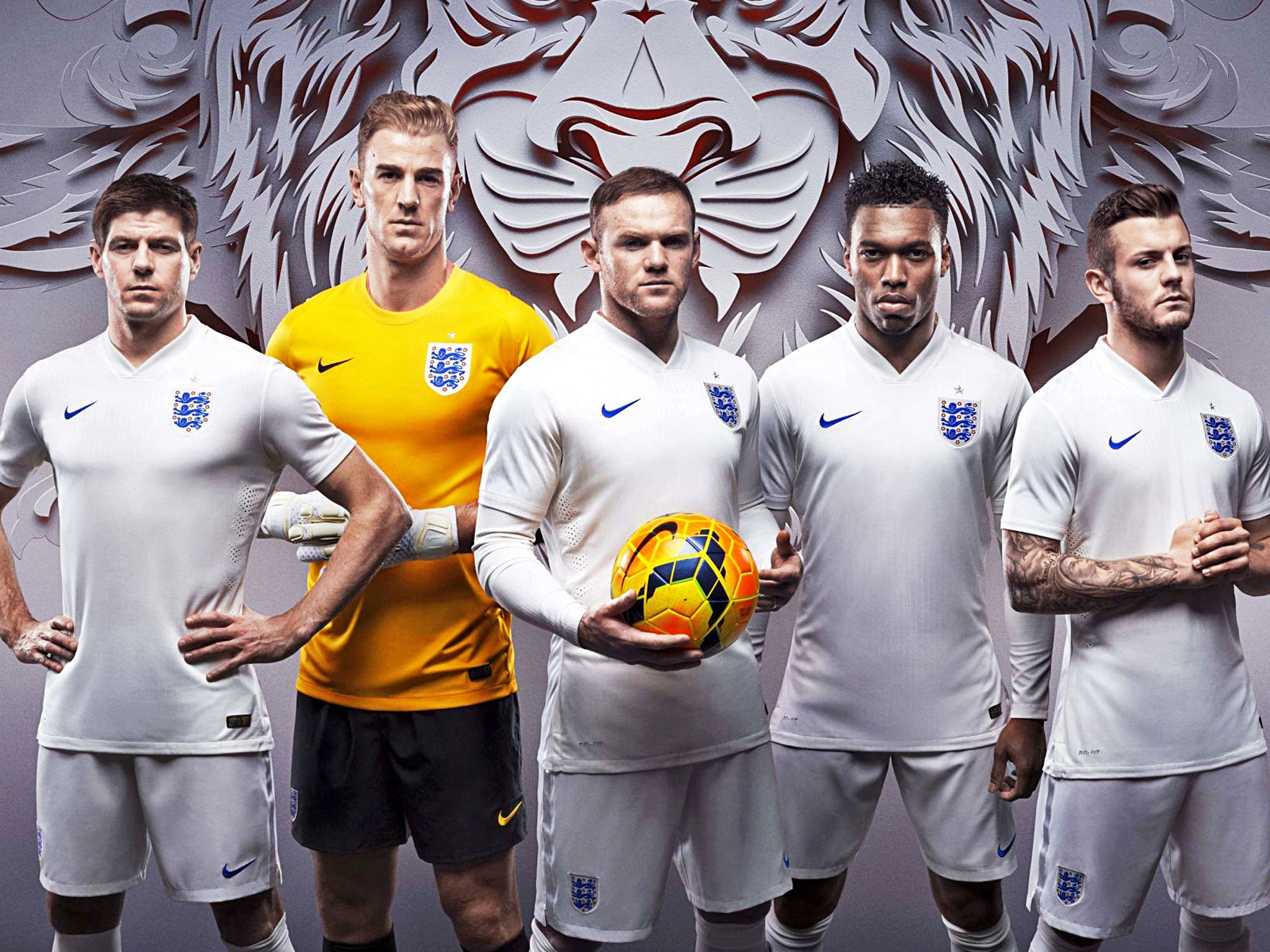 Five lions: England stars (from left) Steven Gerrard, Joe Hart, Wayne Rooney, Daniel Sturridge and Jack Wilshere show off the new Nike shirt for this summer's World Cup