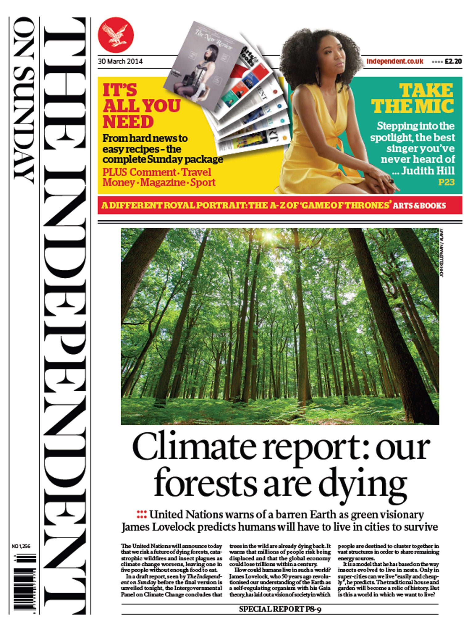 The front page of the most recent edition of the Independent on Sunday