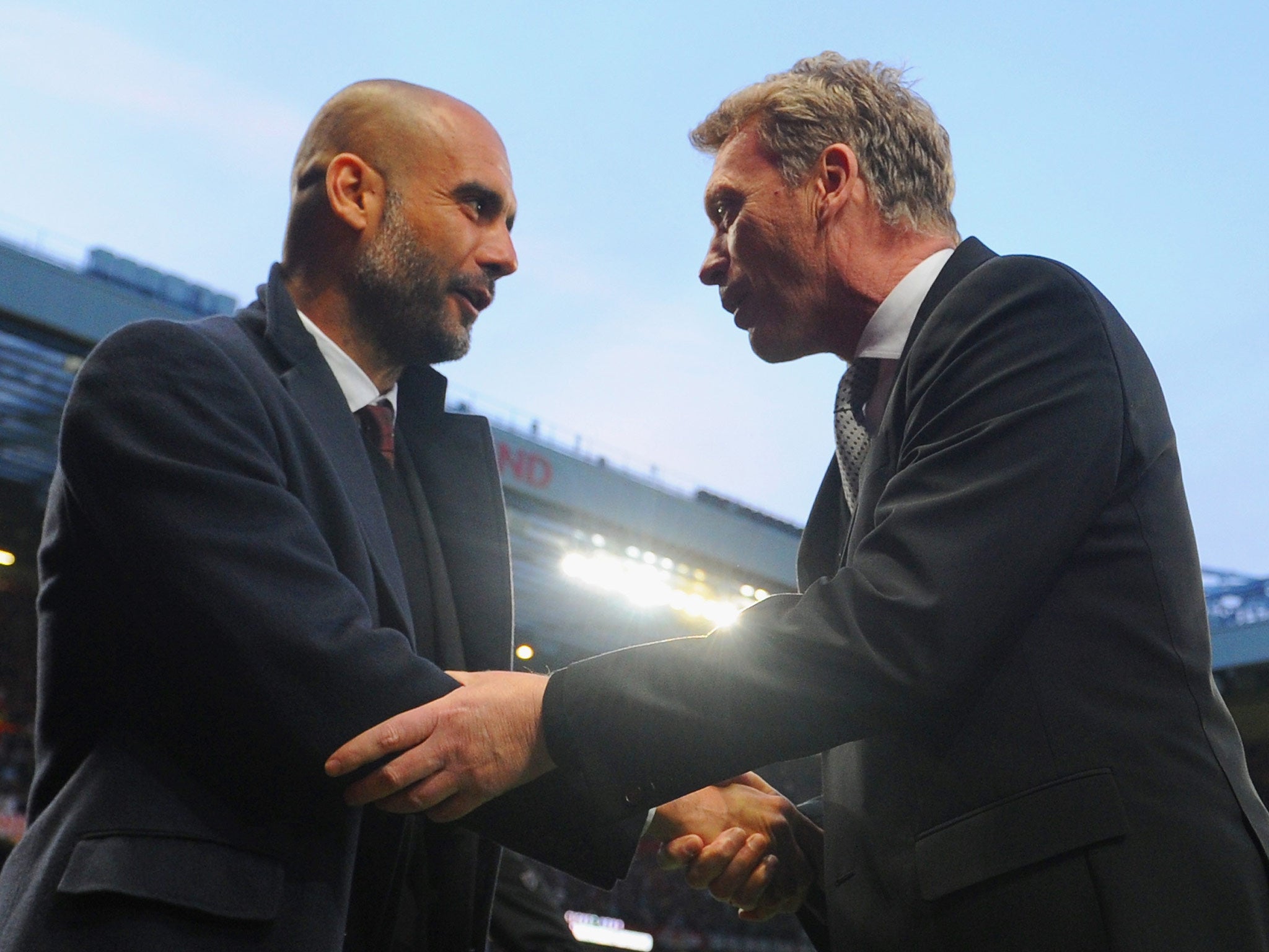 David Moyes and Pep Guardiola pictured together in the first-leg of Manchester United v Bayern Munich