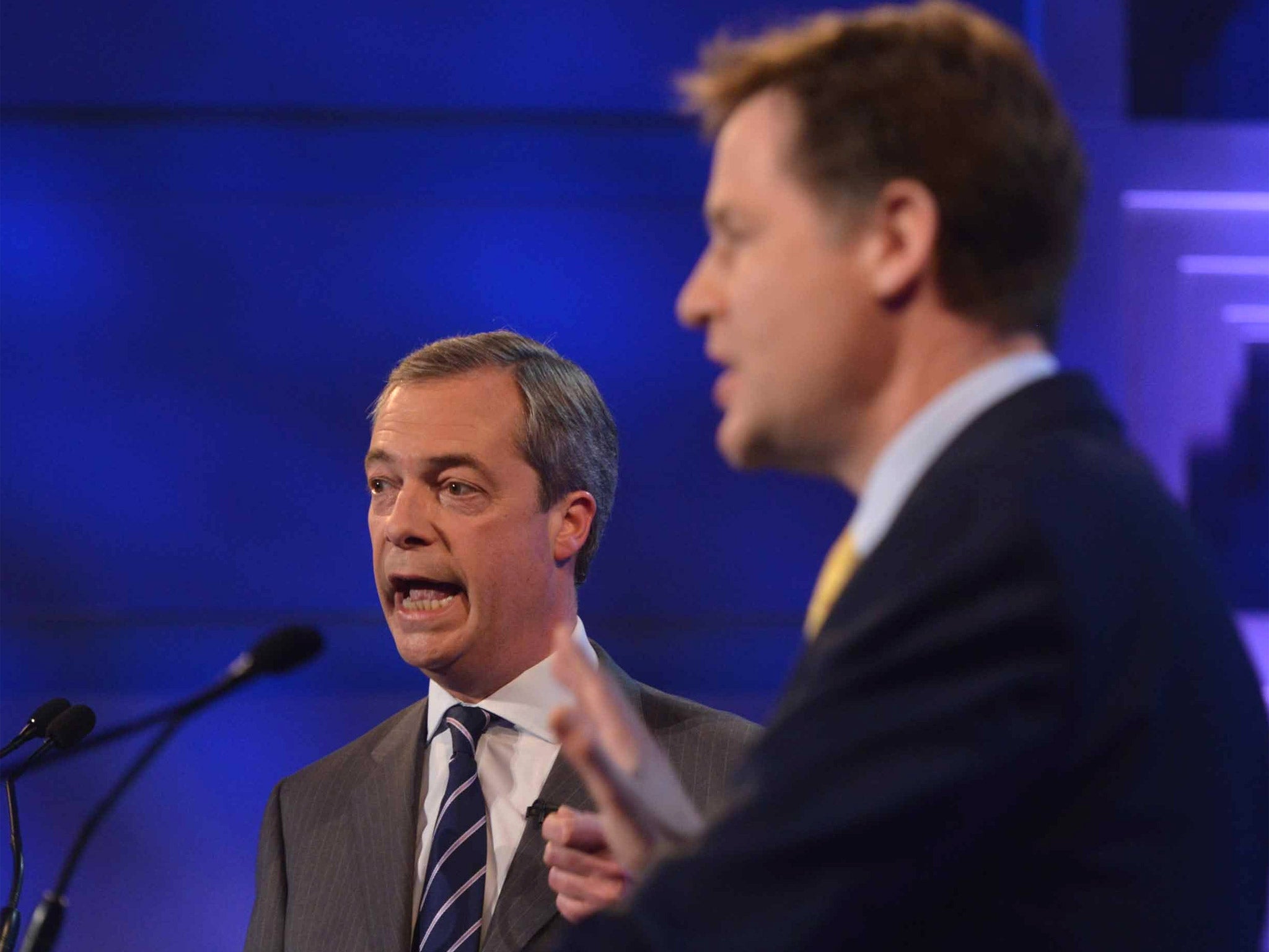 Deputy Prime Minister Nick Clegg and Ukip leader Nigel Farage during their second televised debate