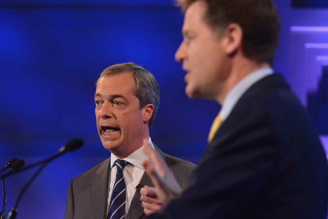 Deputy Prime Minister Nick Clegg and Ukip leader Nigel Farage during their second televised debate 