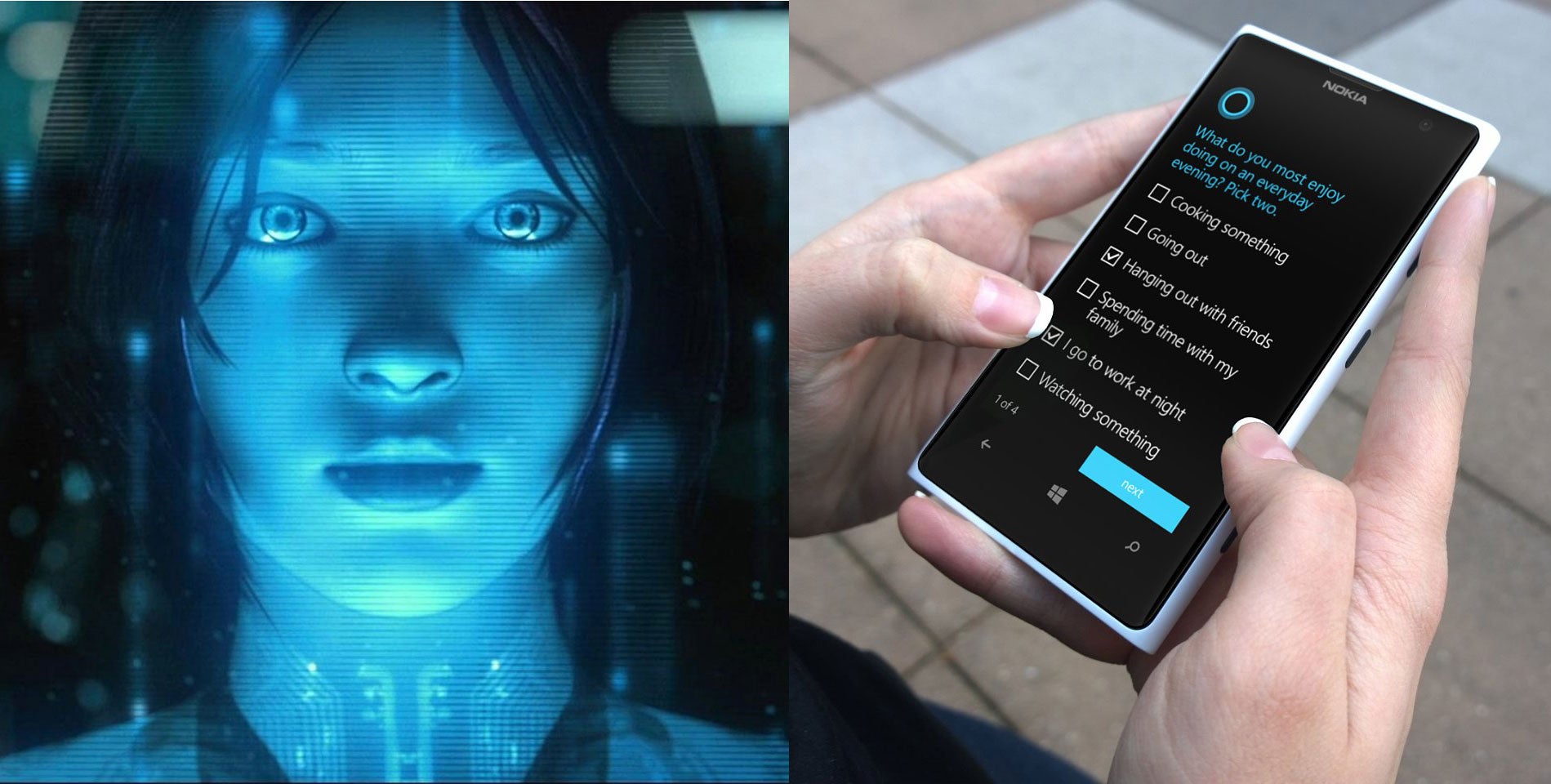 Cortana as she appears in the videogame series Halo (left) and on Windows Phone (right).