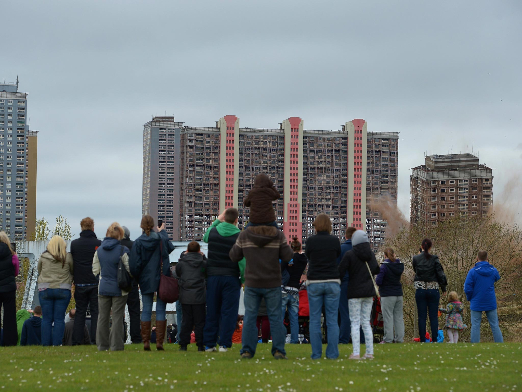 The 30-storey Birnie Court, was demolished last year; there were originally eight blocks, and five of the six remaining buildings will be blown up this summer