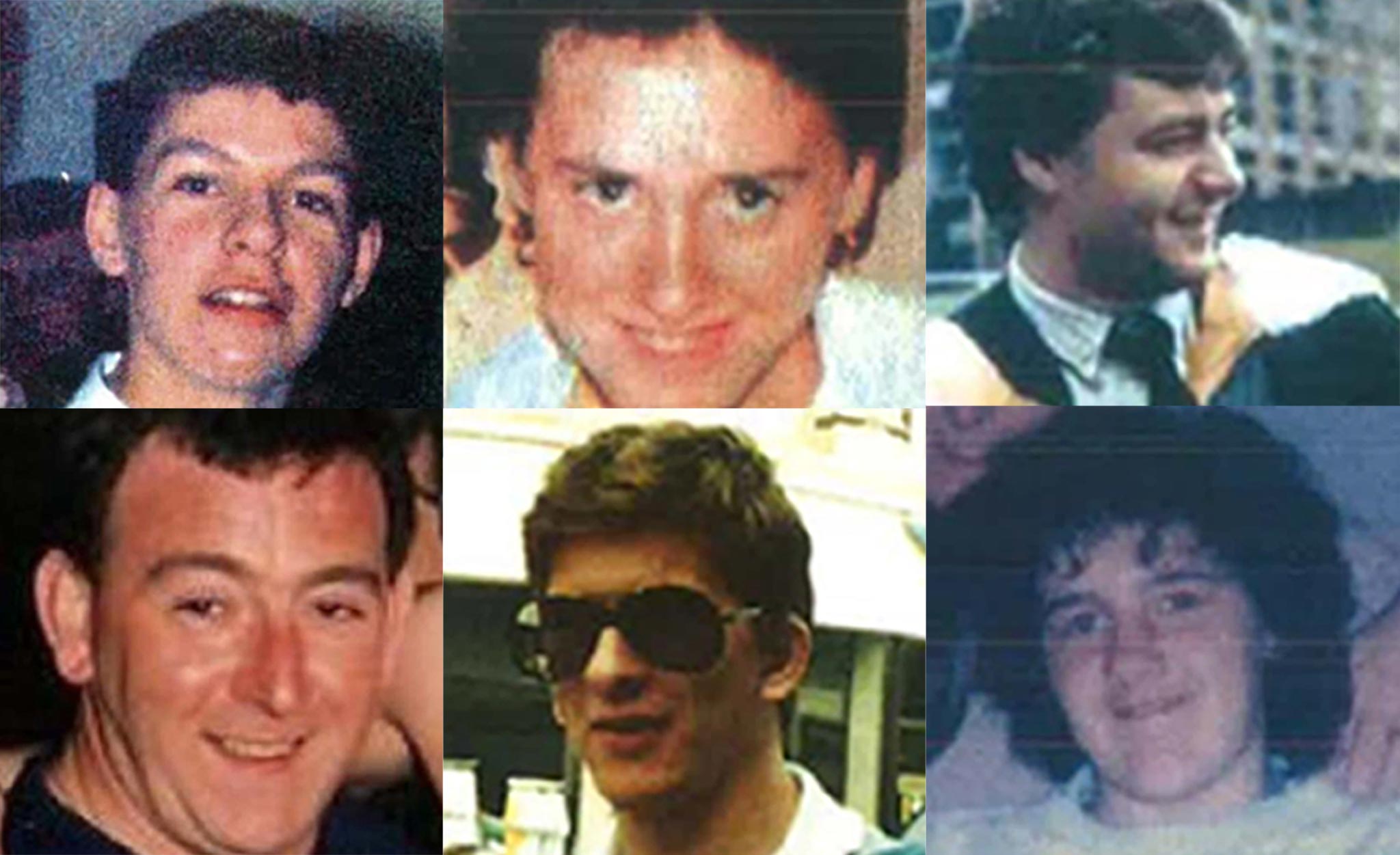 Photos of victims from the Hillsborough disaster. Clockwise from top left: Ian Whelan, Paula Smith, Richard Jones, Marian McCabe, William Pemberton and Arthur Horrocks