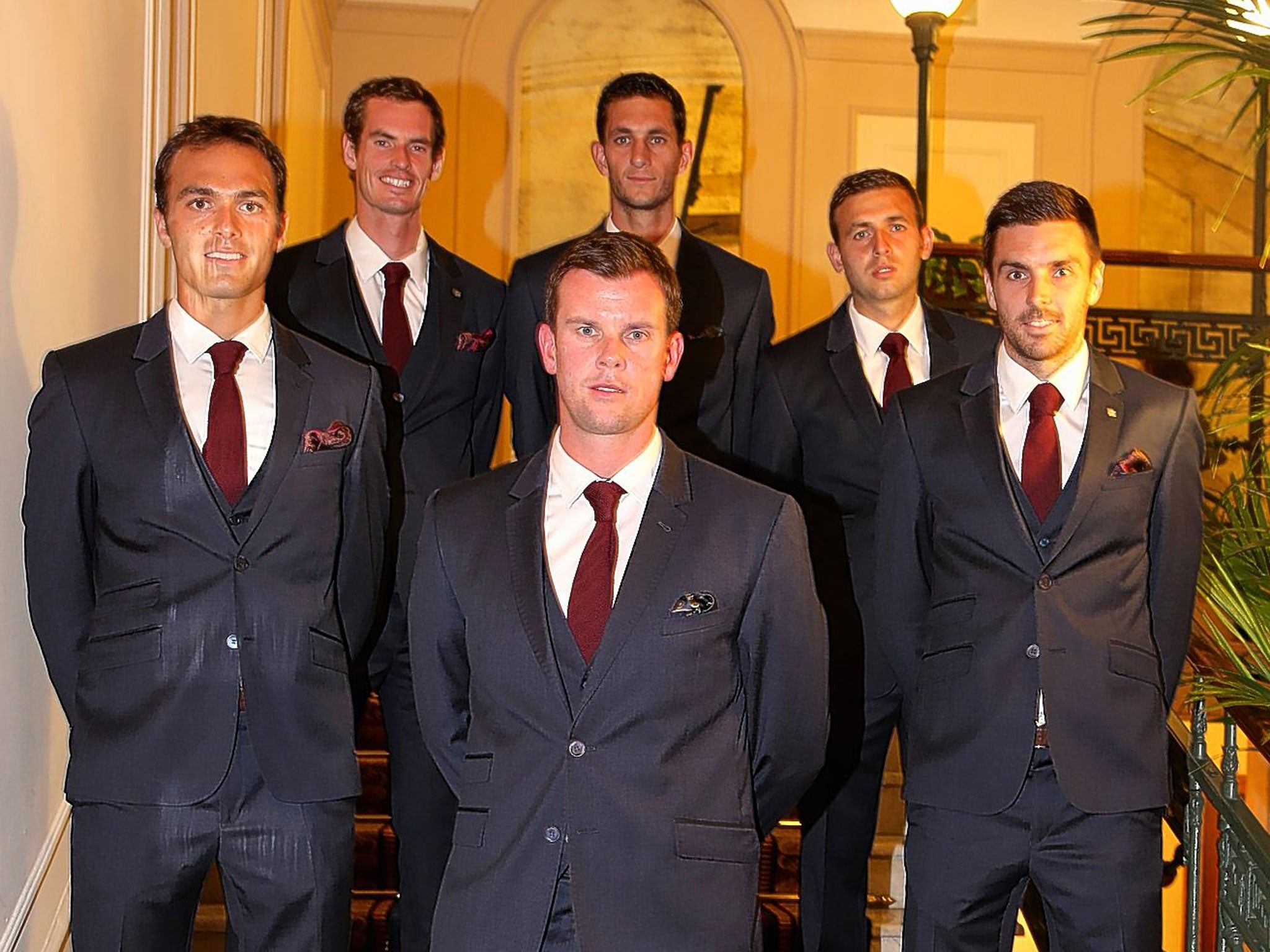 Great Britain’s Davis Cup squad in Naples ahead of their tie with Italy, clockwise from front left: Ross Hutchins Andy Murray, James Ward, Dan Evans, Colin Fleming and team captain Leon Smith