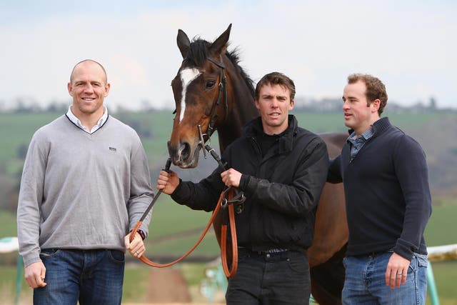 Gloucester and former England centre Mike Tindall alongside race horse Monbeg Dude, trainer Michael Scudamore and James Simpson-Daniel