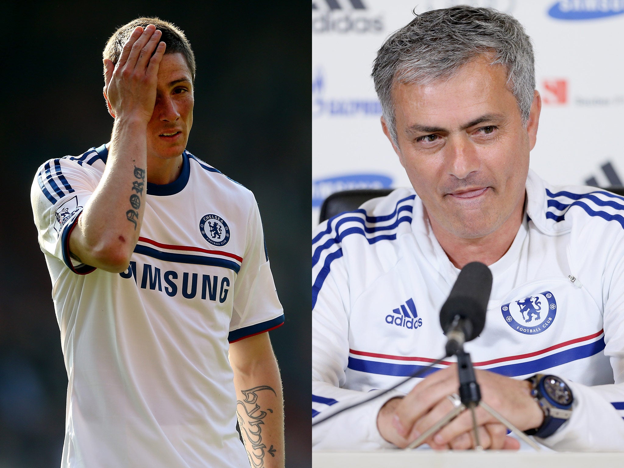 Fernando Torres and Jose Mourinho of Chelsea