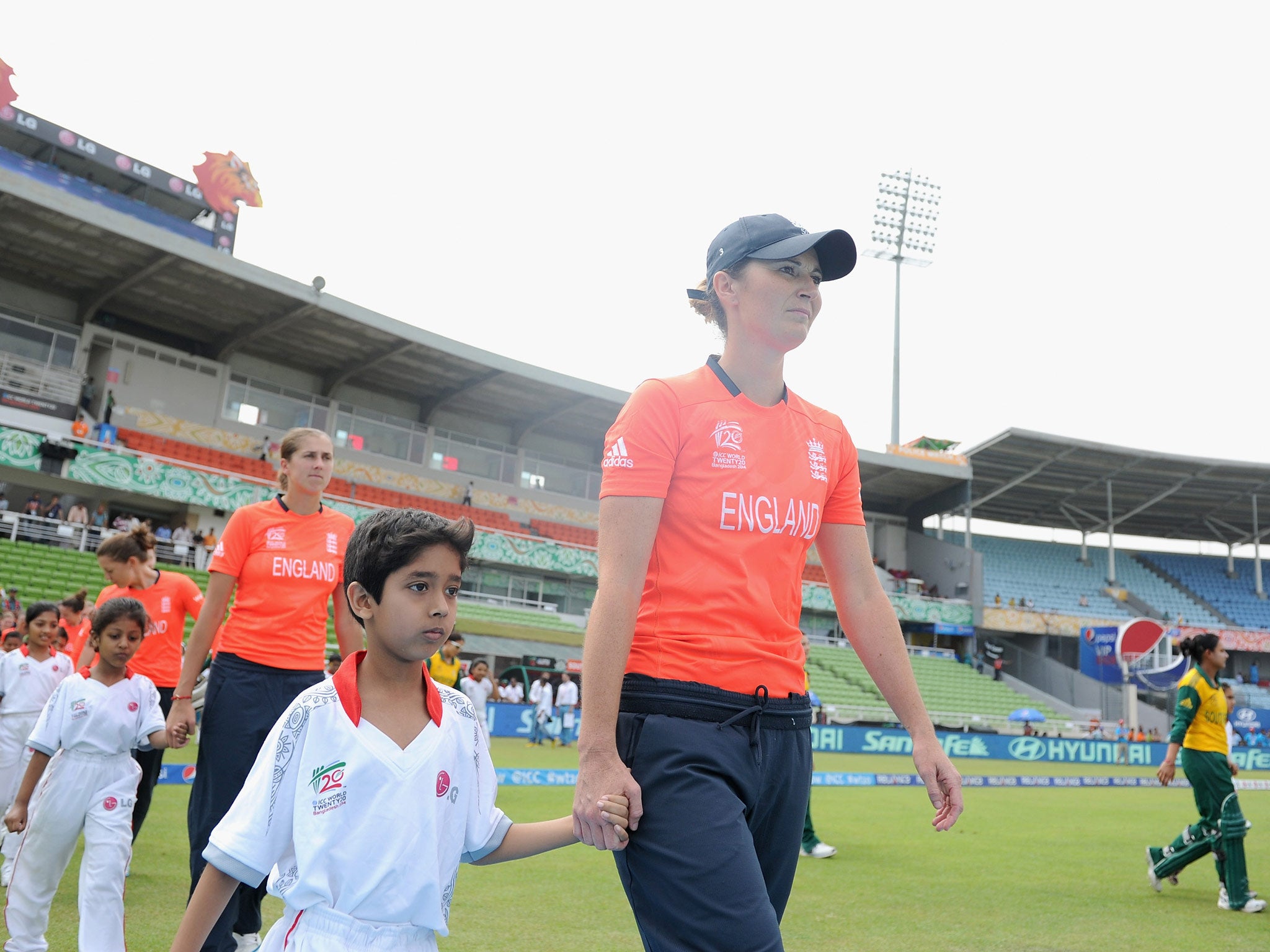 Charlotte Edwards leads out the England team in the victory over South Africa in the Women's World Twenty20