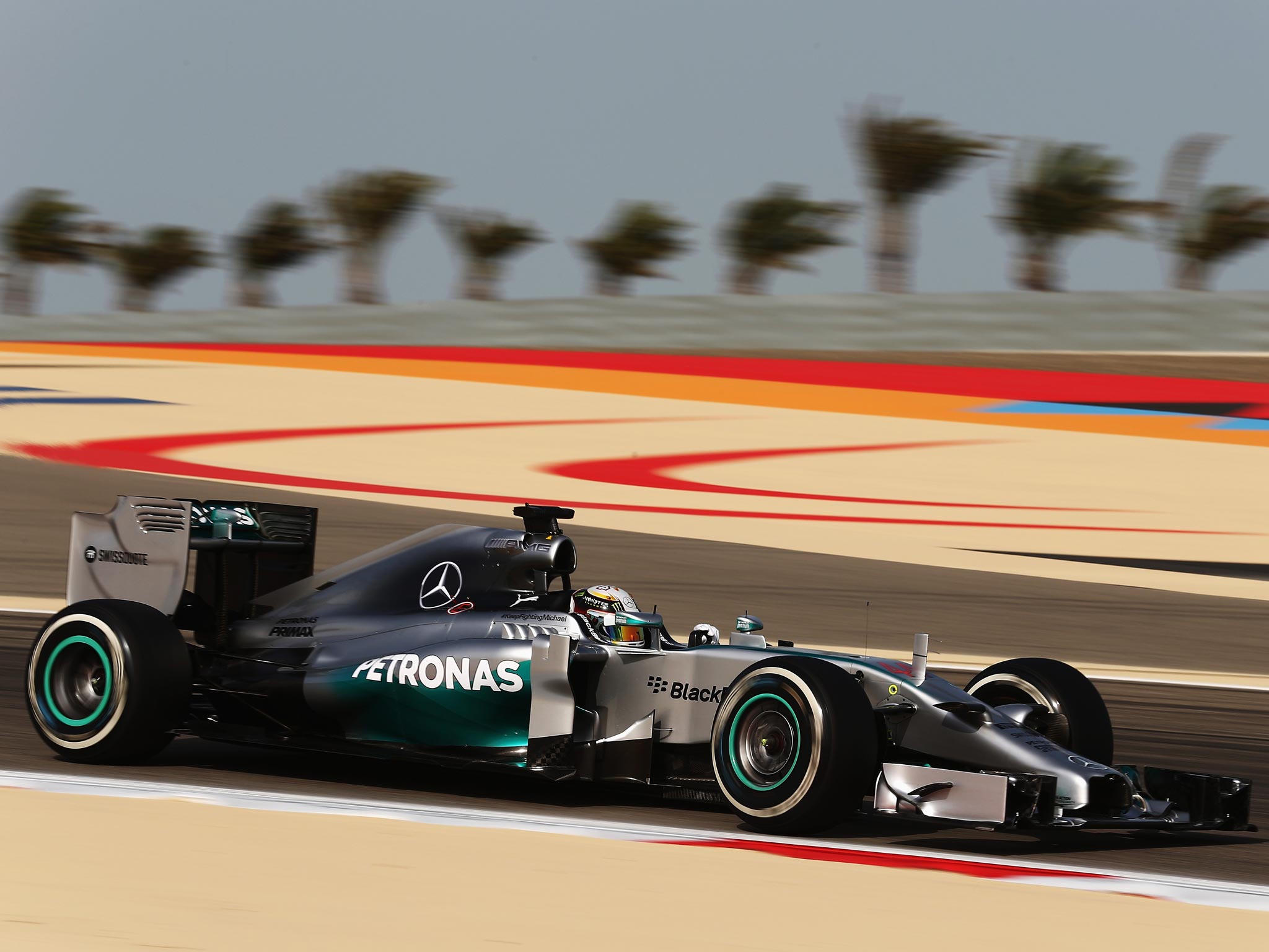 Lewis Hamilton on a practice run at the Bahrain International
Circuit yesterday