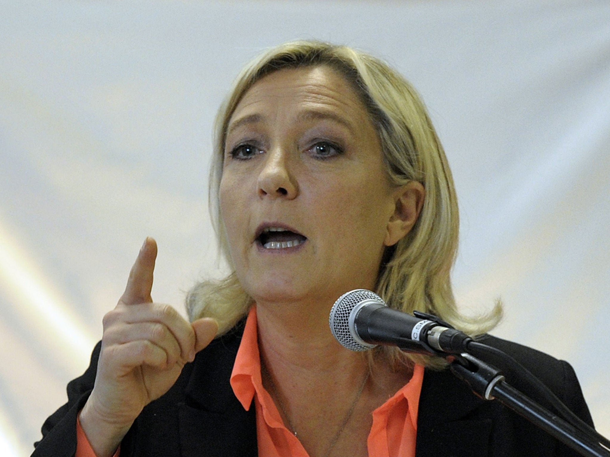 French far-right Front National (FN) party president Marine Le Pen speaks during a political rally.