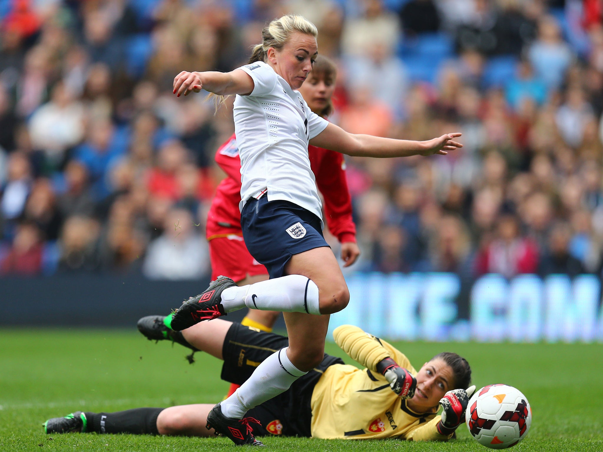 Toni Duggan scores for England Women in the 9-0 win over Montenegro Women