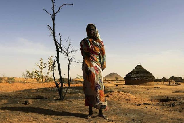 Sudan shame: A woman at what was once her home, burned down by Sudanese rebels 