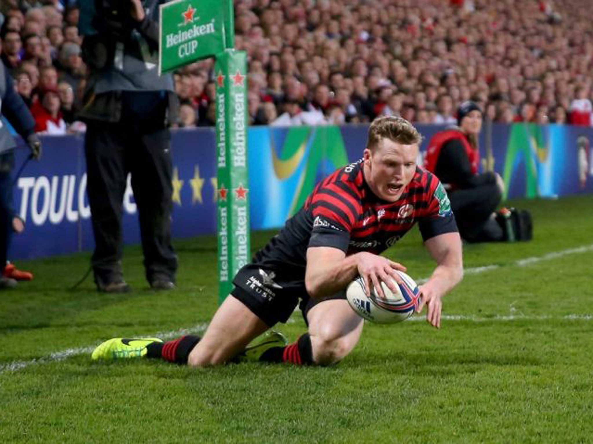 Double trouble: Saracens’ Chris Ashton plunges over to score one of his two decisive tries