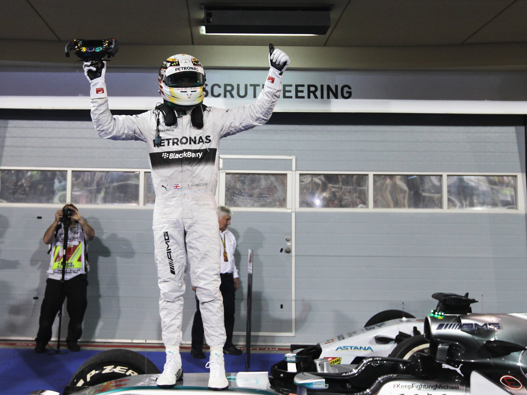 Lewis Hamilton celebrates victory on the Bahrain Grand Prix