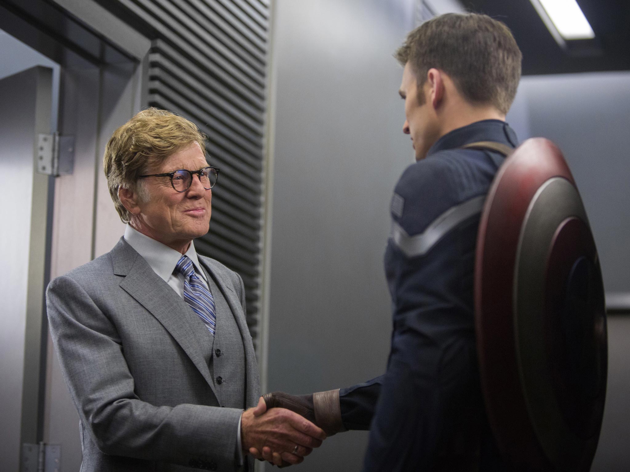 Robert Redford (left) and Chris Evans in a scene from "Captain America: The Winter Soldier"