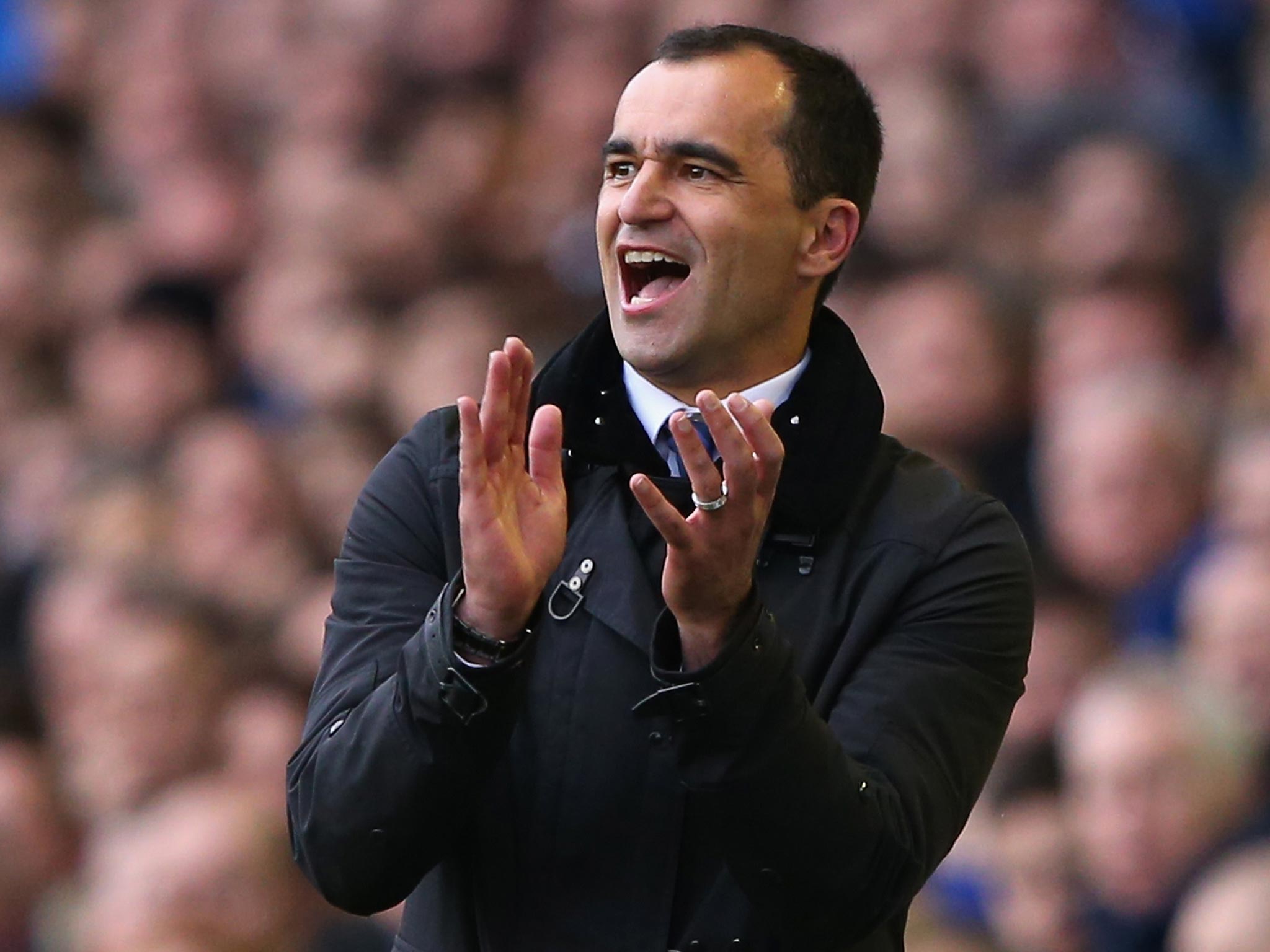 Roberto Martinez appears delighted as Everton score in the 3-0 victory over Arsenal